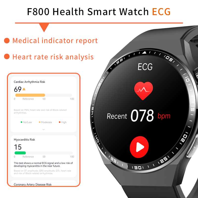 F800 Health Smart Watch mit EKG-Funktion, Herzfrequenzanzeige und Gesundheitsrisikoanalyse.