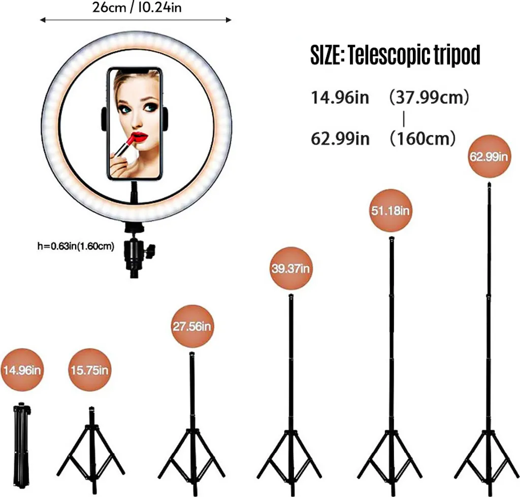 Diagramm zeigt 26cm Ringleuchte und Teleskopstativ mit Höhen von 14,96in bis 62,99in.