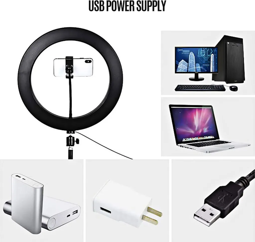 Ein Ringlicht mit Smartphone und USB-Stromversorgungsoptionen wie Powerbank, Adapter und PC.