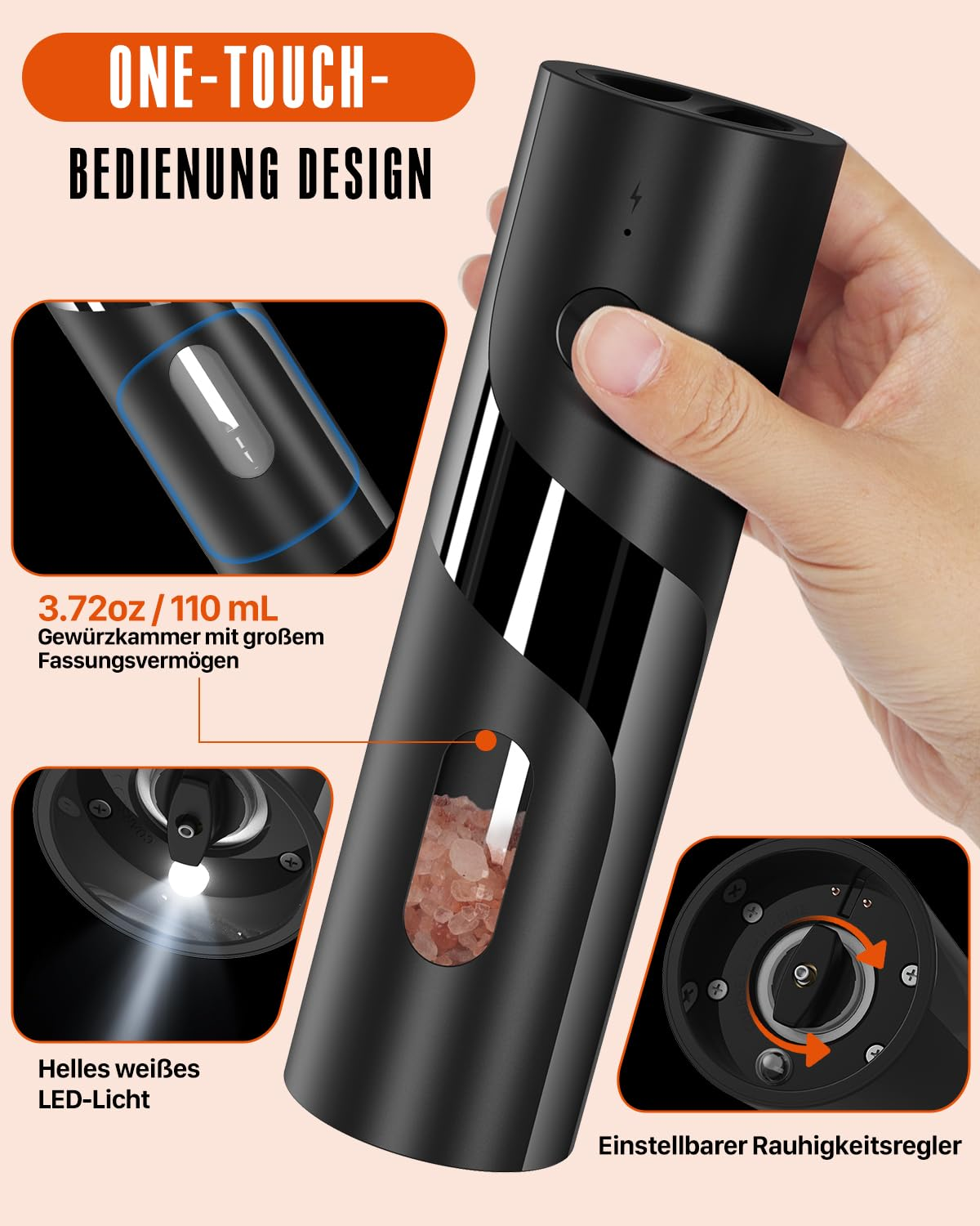 Eine Hand hält eine schwarze elektrische Mühle mit rosa Salz, mit Einsatzbildern, die LED-Licht und Bedienelemente zeigen.