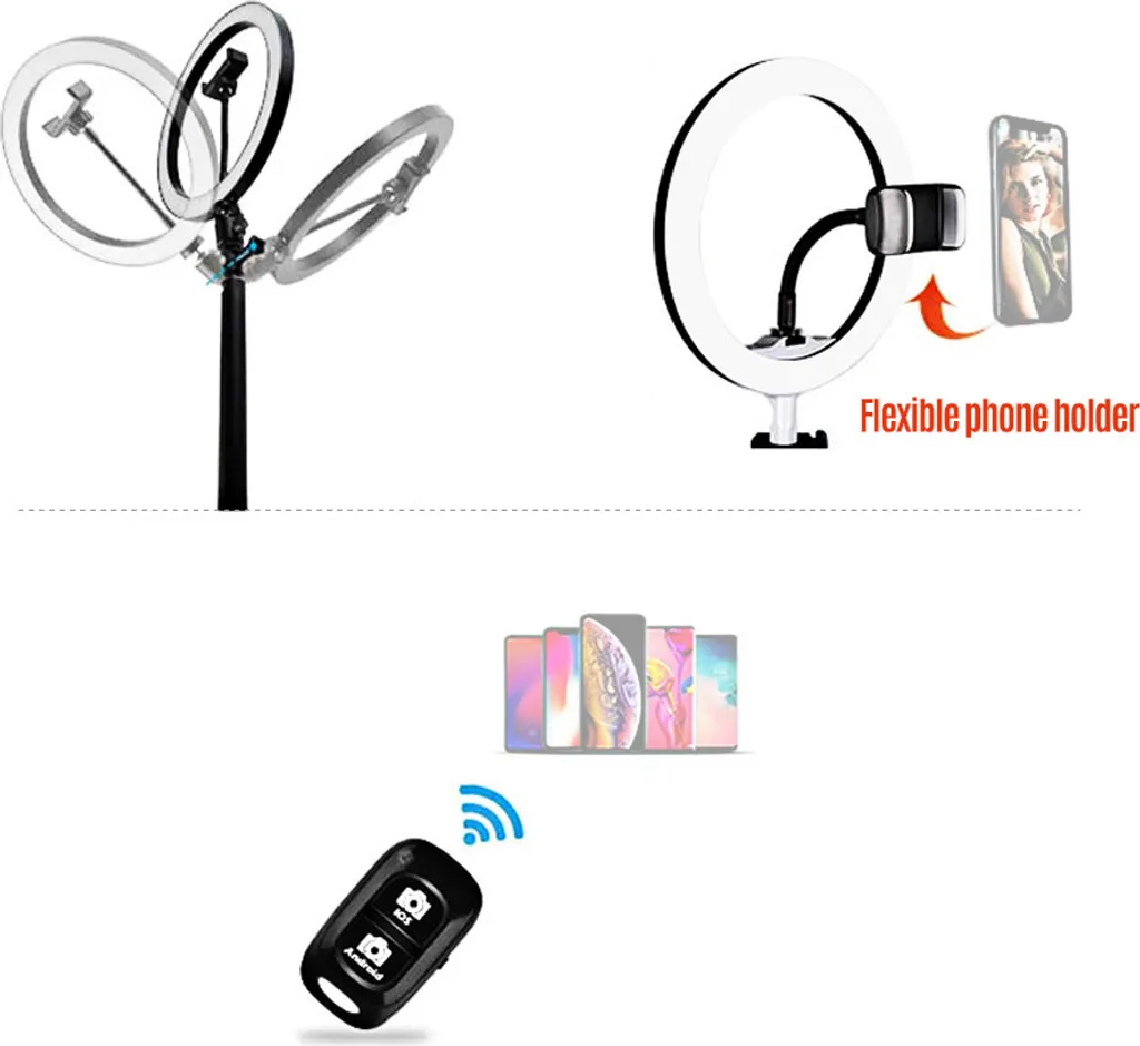 Verstellbares Ringlicht mit flexiblem Handyhalter, Smartphone-Kompatibilität und WLAN-Fernbedienung.