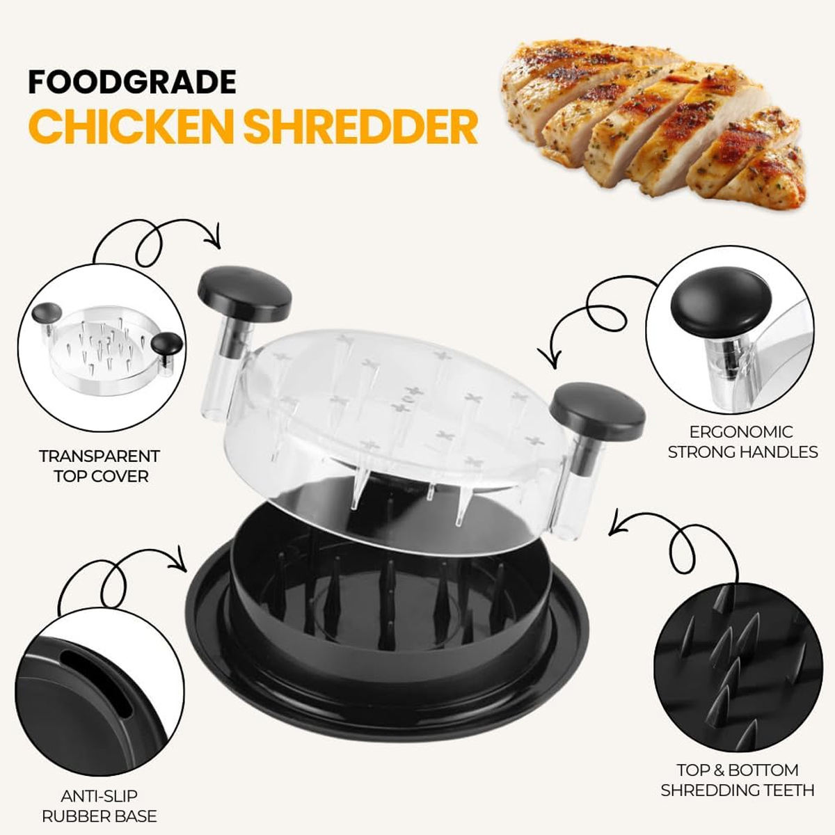 Ein transparenter und schwarzer Hähnchen-Shredder mit Griffen und rutschfester Basis, beschriftet mit Produktmerkmalen.