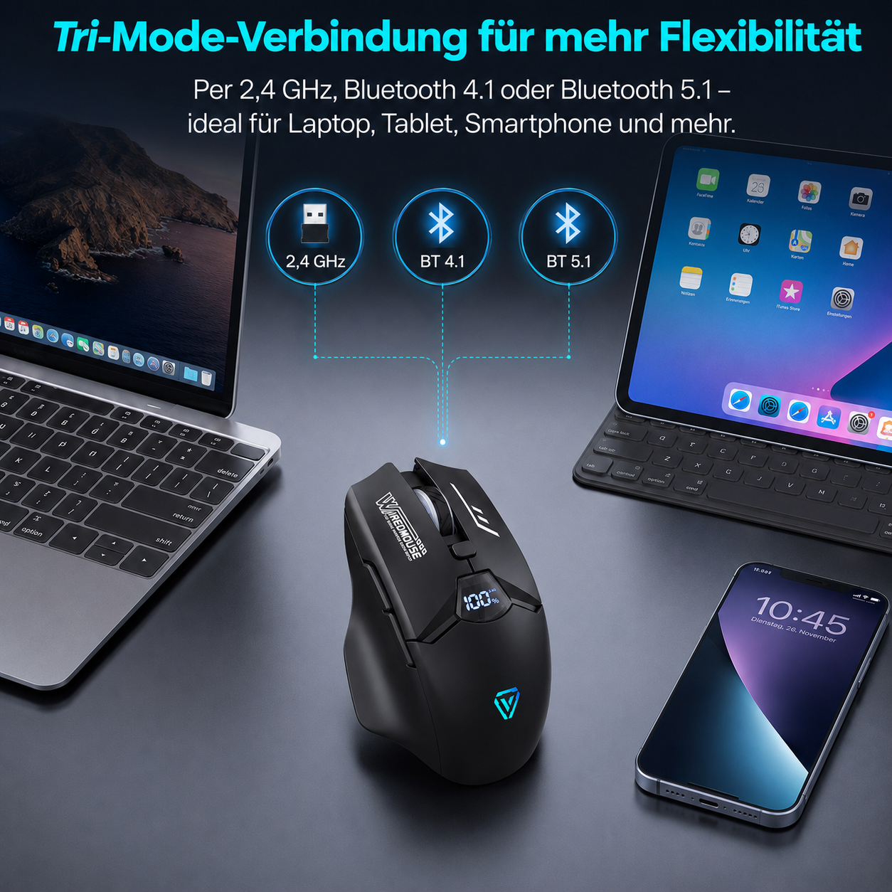 Eine schwarze Gaming-Maus mit LCD-Display, verbunden mit Laptop, Tablet und Smartphone via Tri-Mode.
