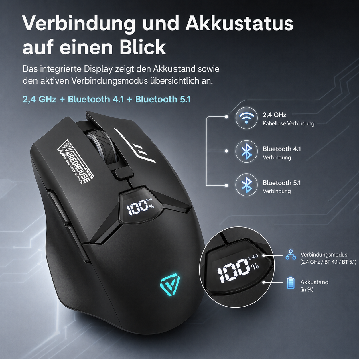 Eine schwarze Gaming-Maus mit digitaler Akkuanzeige und Symbolen für 2,4 GHz, Bluetooth 4.1 und Bluetooth 5.1.