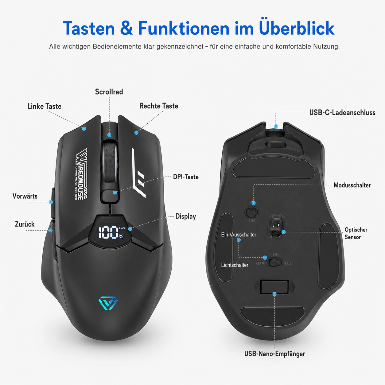 Diagramm mit Ober- und Unterseite einer schwarzen kabellosen Gaming-Maus mit beschrifteten Tasten und Funktionen.