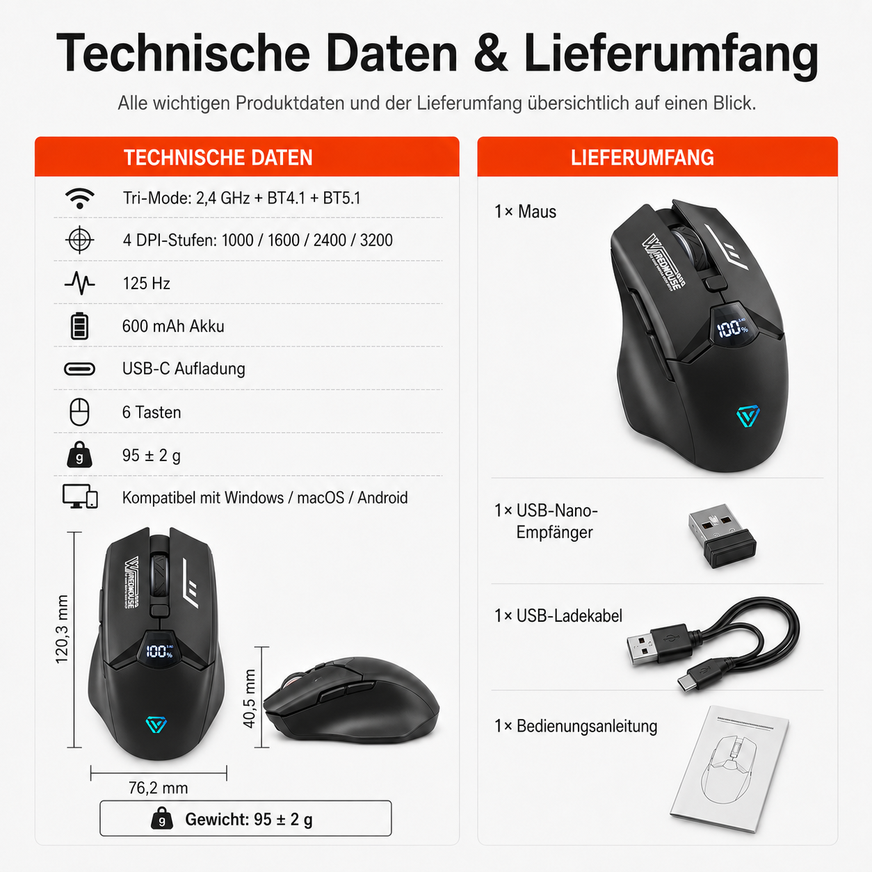 Technische Daten und Lieferumfang einer schwarzen kabellosen Gaming-Maus mit Zubehör.