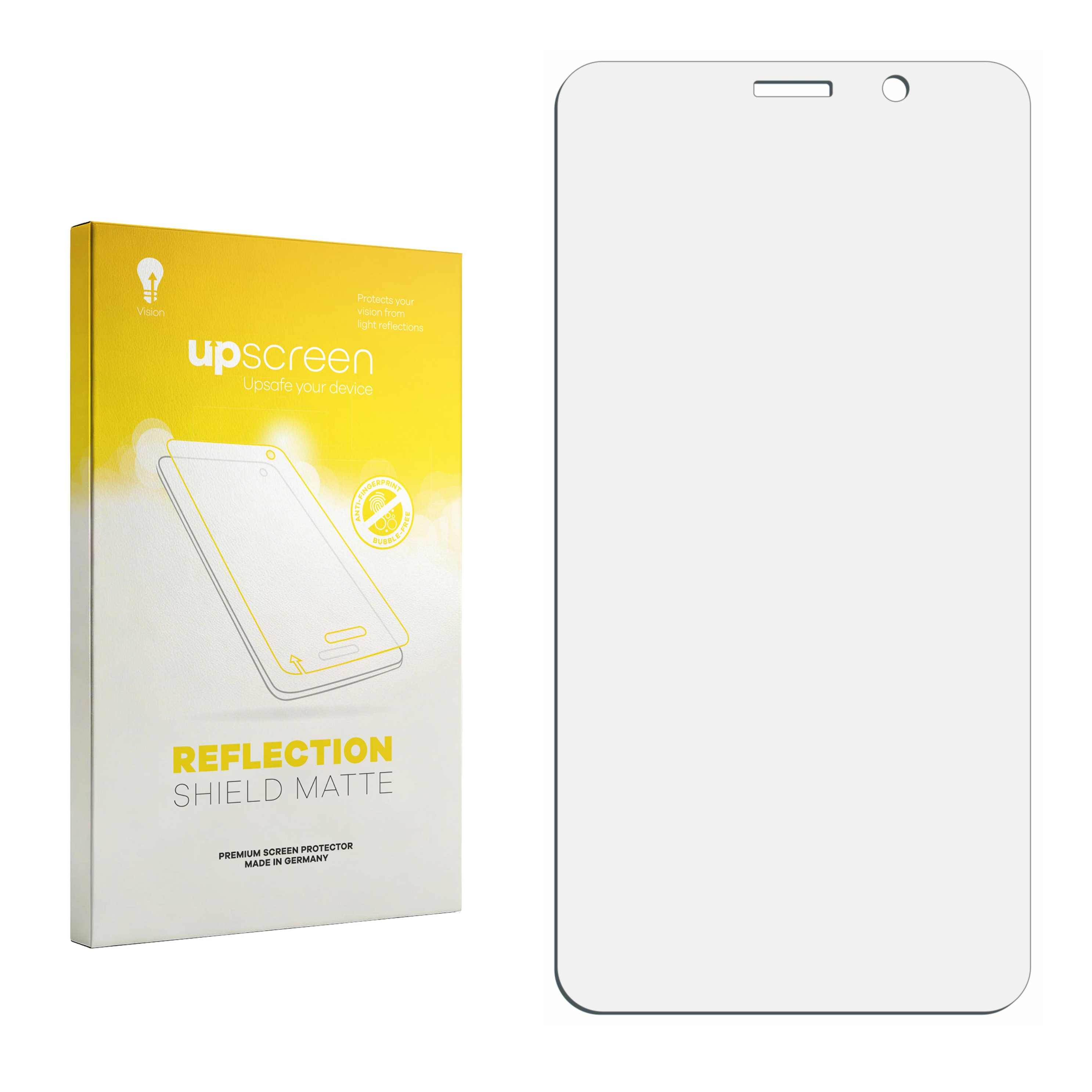 Upscreen mattes Displayschutzfolien-Set in gelber Verpackung neben der Folie.