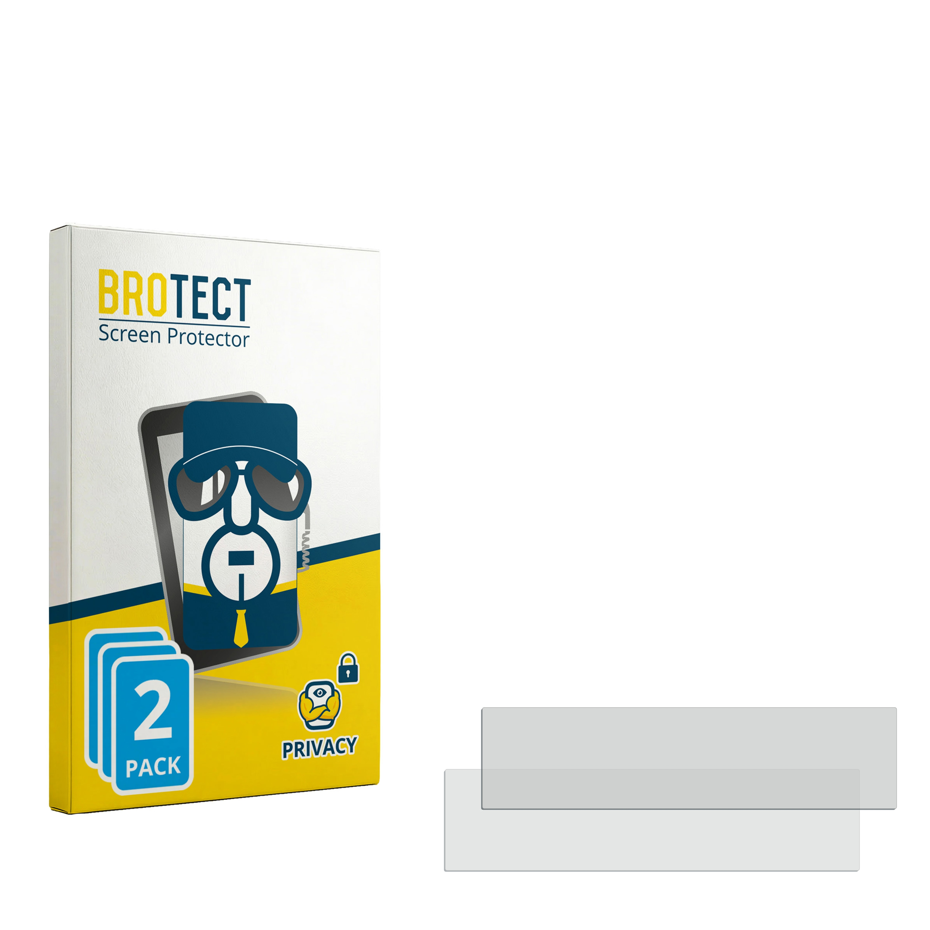 BROTECT Blickschutz-Displayschutzfolienbox mit zwei transparenten Schutzfolien daneben.