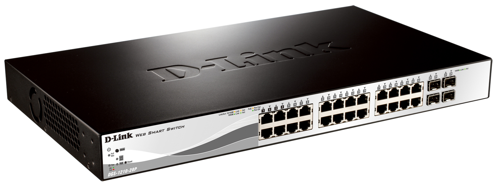 Uno switch Web Smart D-Link DGS-1210-28P nero con porte di rete su sfondo bianco.