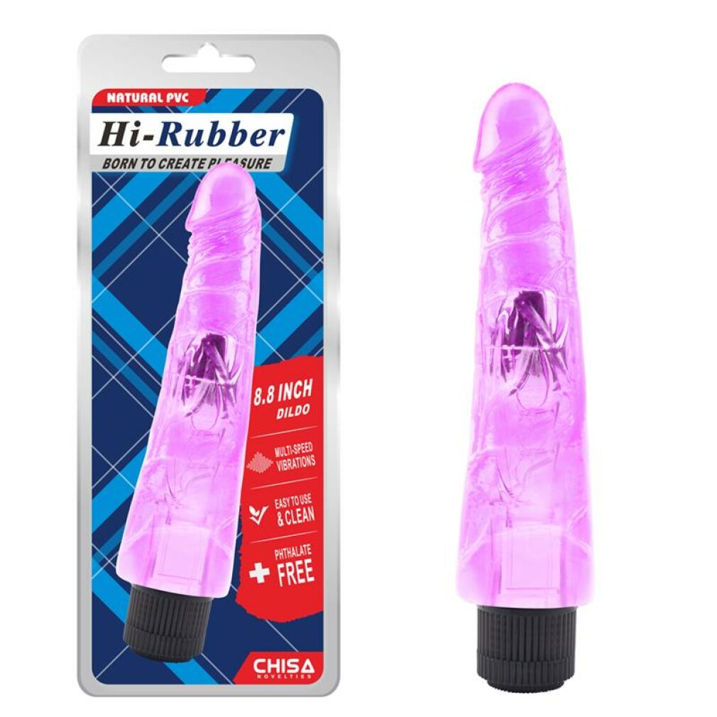 Ein lila Silikon-Dildo mit einem schwarzen Sockel, dargestellt in und neben der Verpackung.
