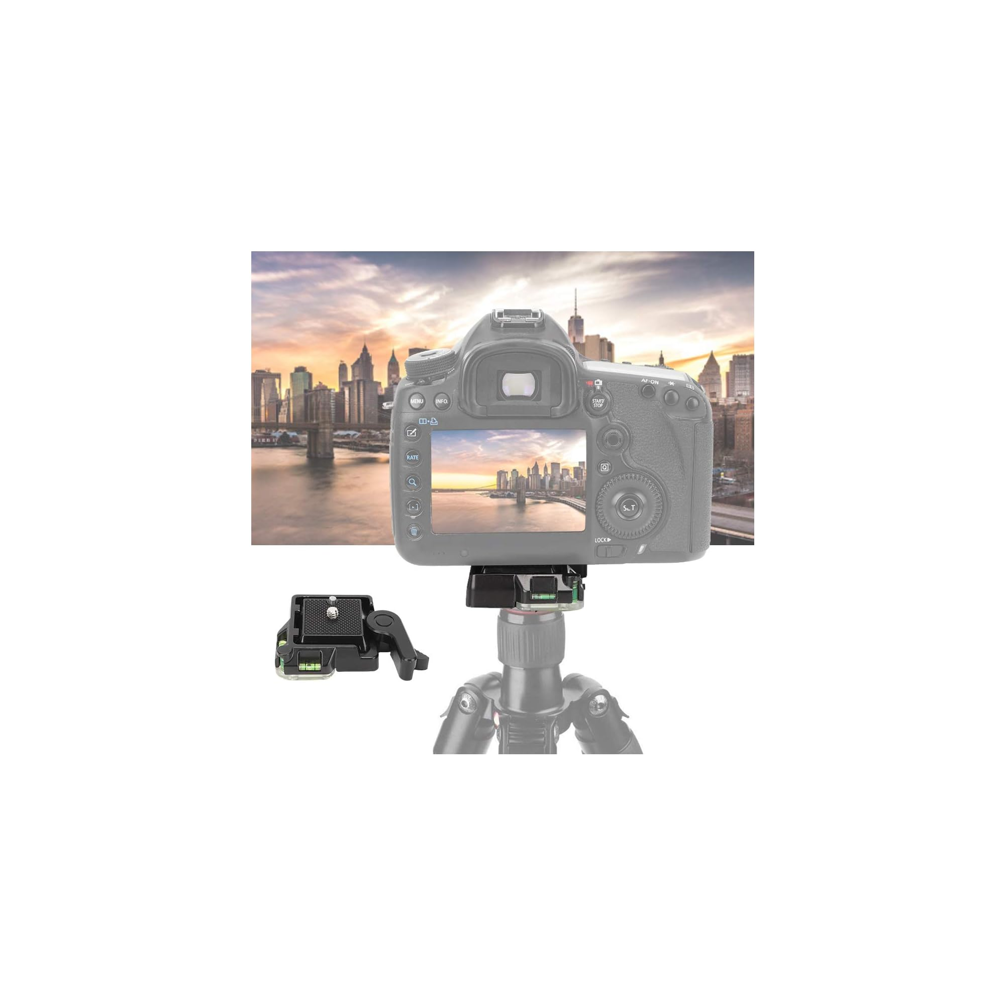 Eine DSLR-Kamera auf einem Stativ mit einem Stadt-Skyline-Foto auf dem Bildschirm und einer Schnellwechselplatte.