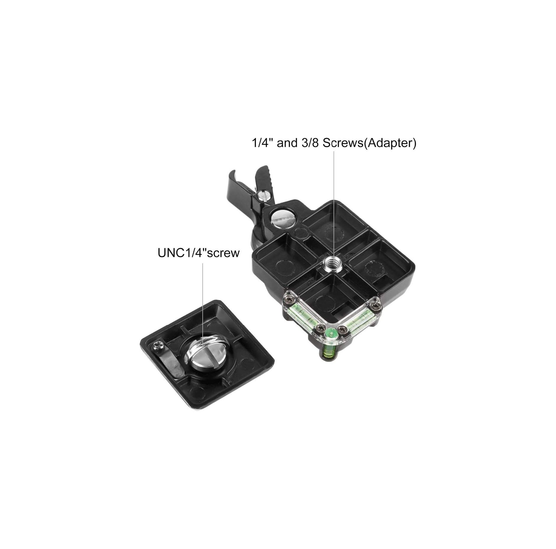 Schwarze Kameraklemmen mit 1/4" und 3/8" Schrauben sowie Wasserwaage auf weißem Hintergrund.
