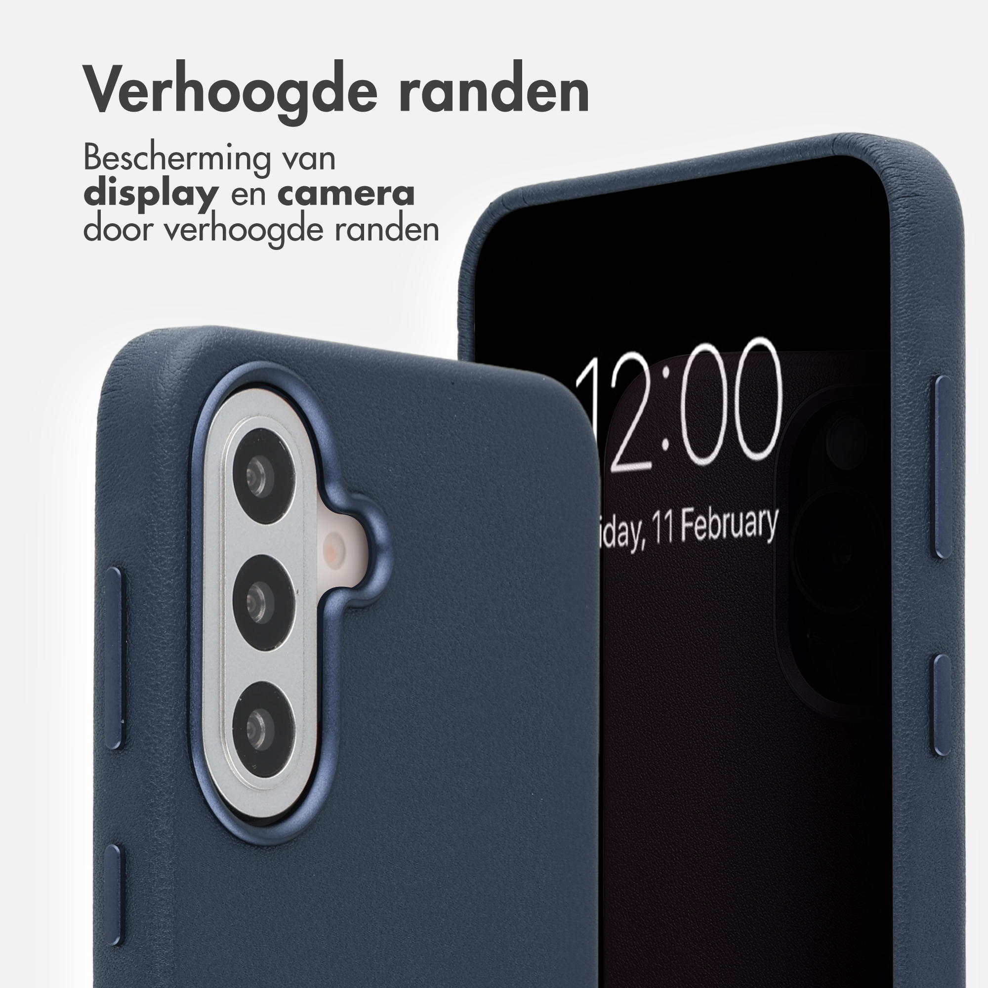 Blaue Smartphone-Hülle mit erhöhtem Rand für Display- und Kameraschutz.