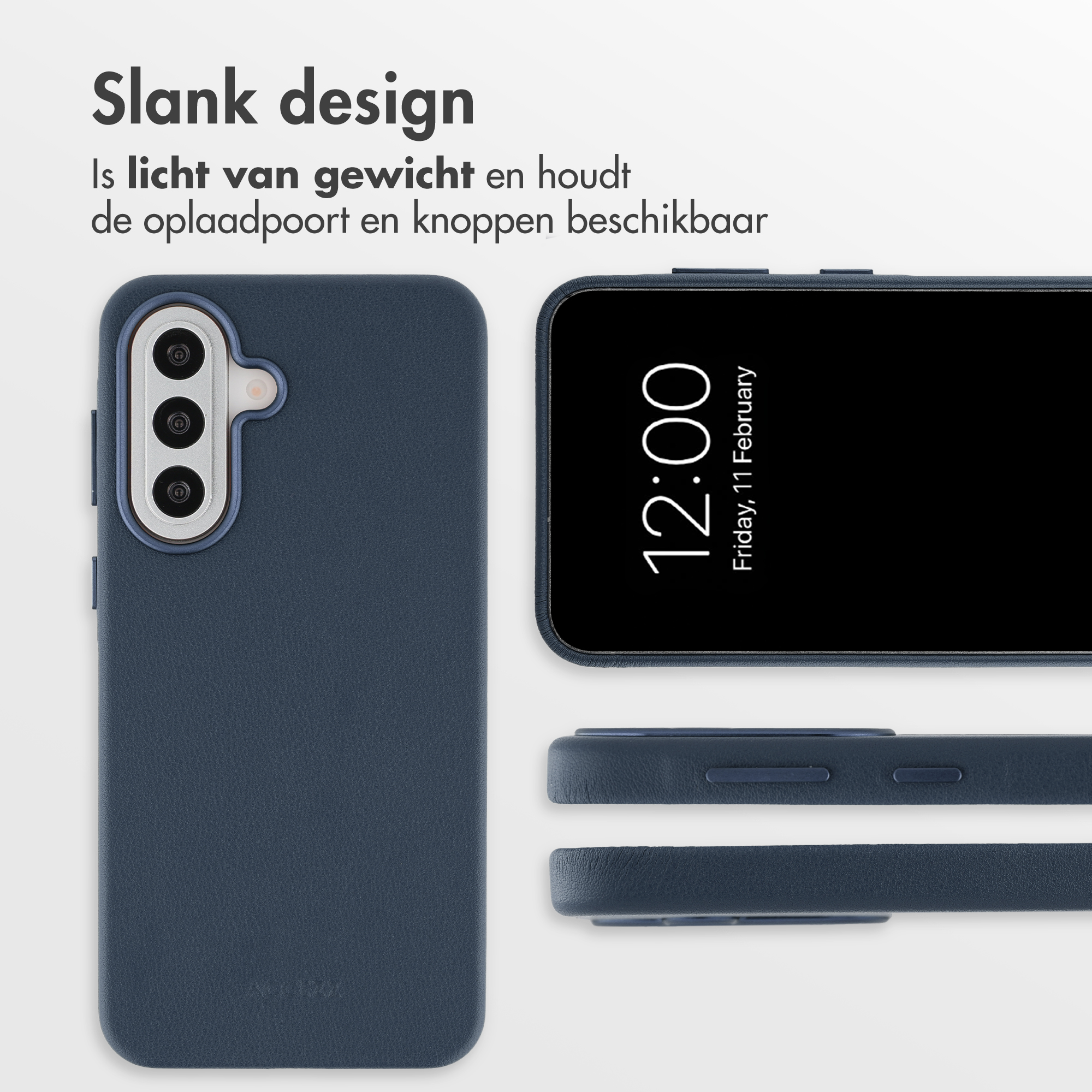 Blaues Smartphone in Schutzhülle mit drei Kameras hinten und Dutch Text oben.