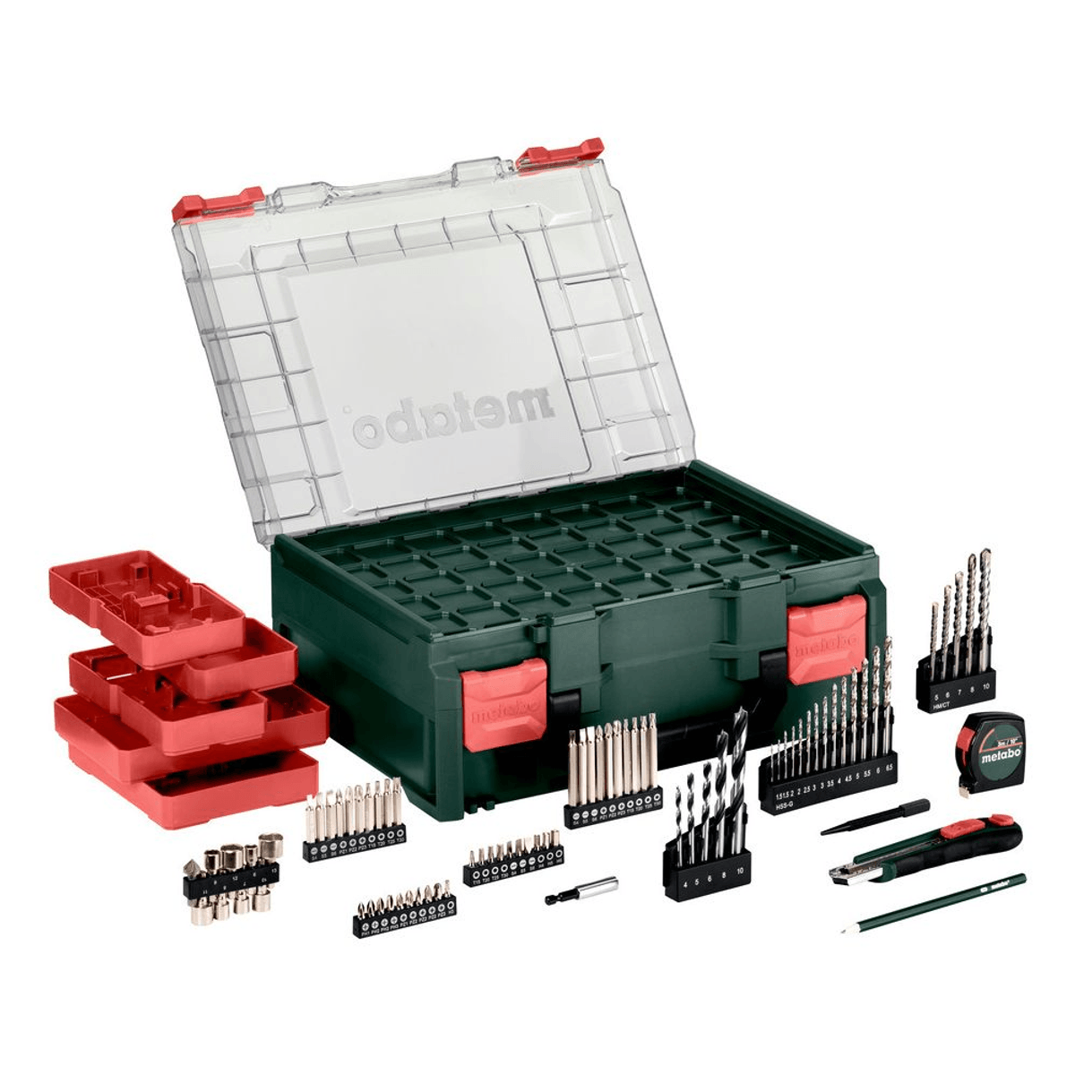 Juego de herramientas Metabo verde en maletín con puntas, brocas y accesorios rojos sobre fondo blanco.