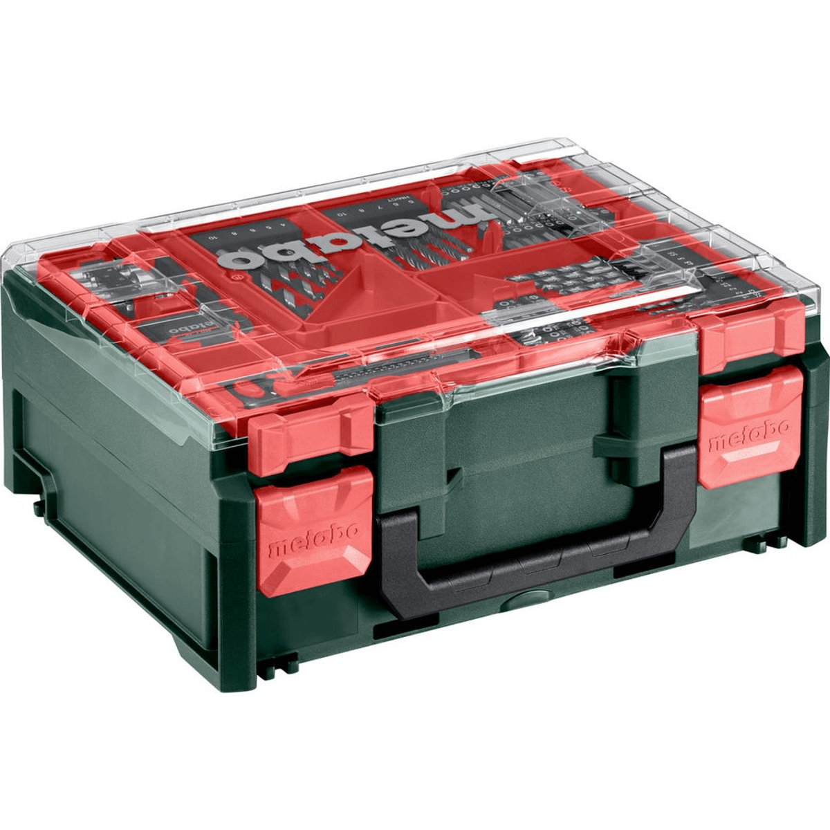 Una caja de herramientas Metabo verde y roja cerrada con tapa transparente que muestra brocas.