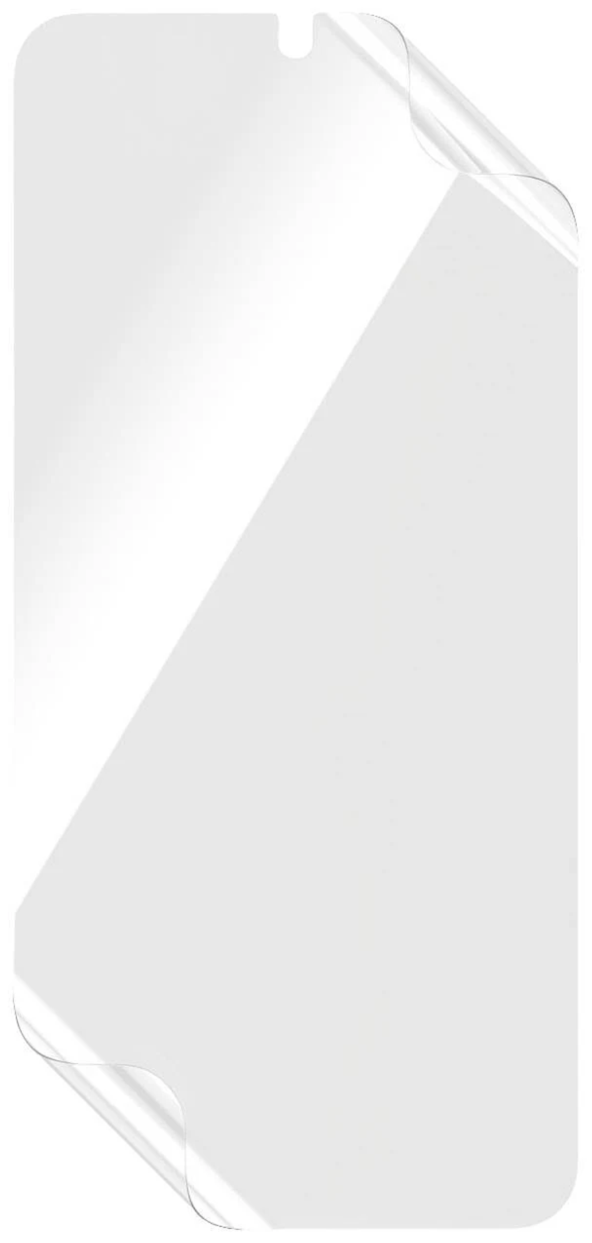 Un protector de pantalla de plástico transparente con una esquina despegada, sobre fondo blanco.