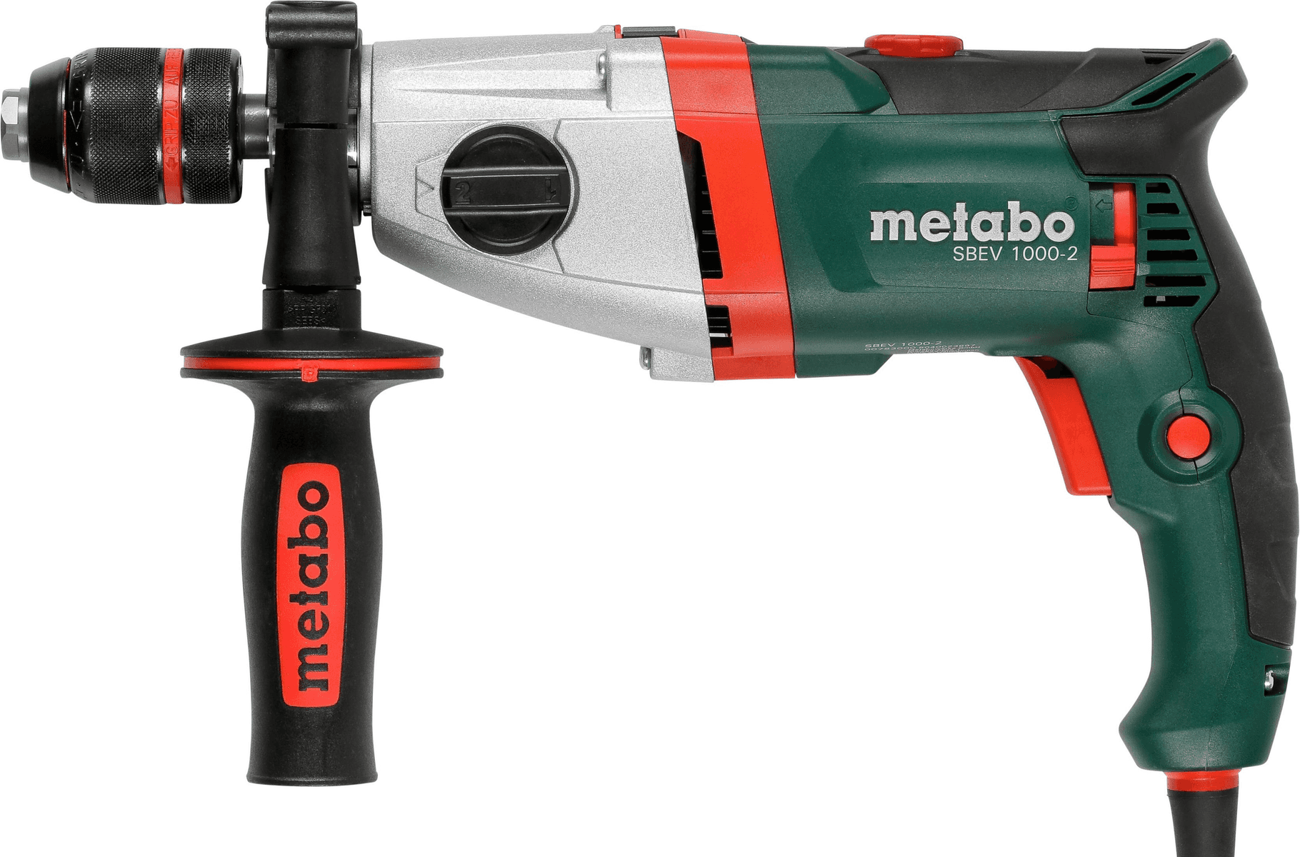 Eine Metabo SBEV 1000-2 Schlagbohrmaschine in Grün, Silber und Schwarz mit Seitengriff vor weißem Hintergrund.