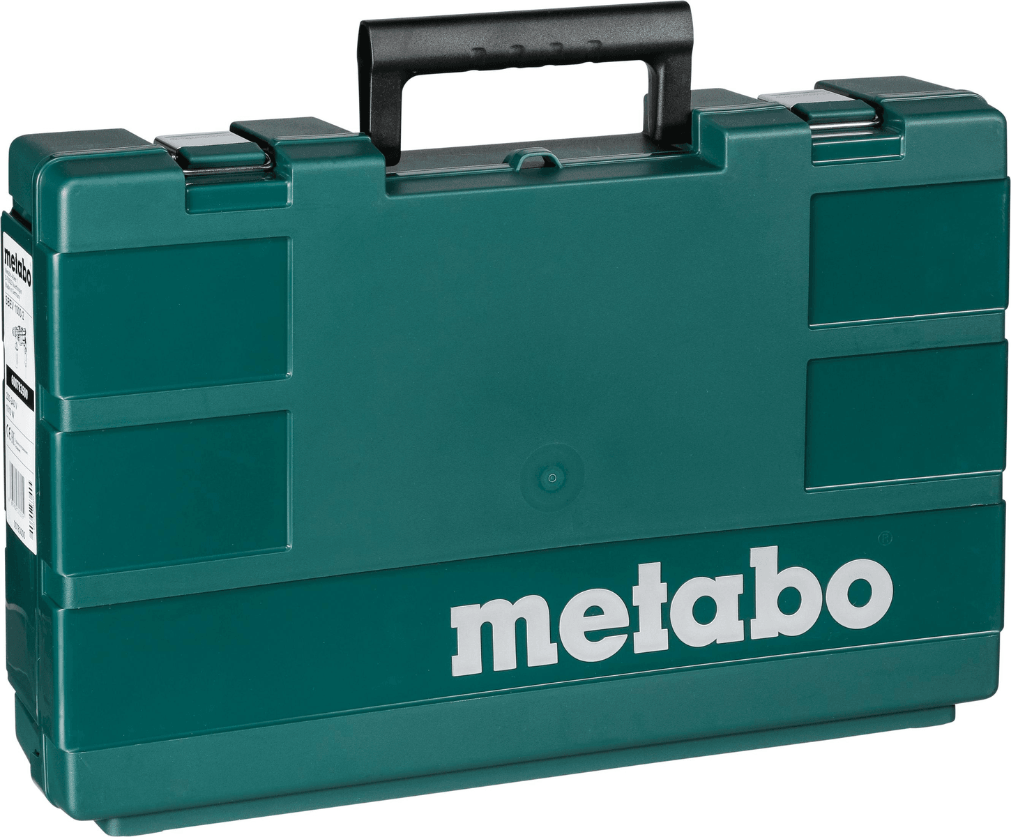 Ein geschlossener grüner Metabo-Werkzeugkoffer aus Kunststoff mit schwarzem Griff.