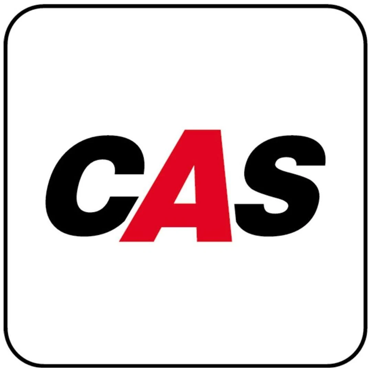 Das Wort CAS in fetten Buchstaben in einem weißen, abgerundeten Rechteck, mit rotem A und schwarzem C und S.