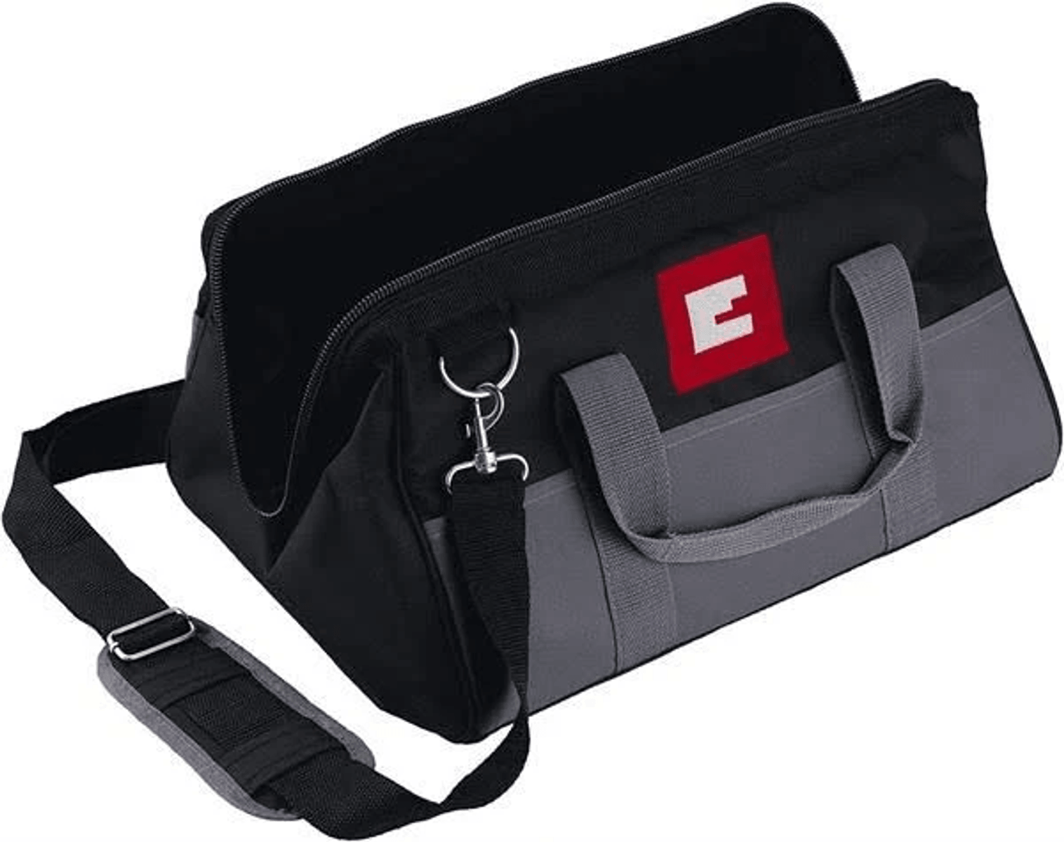 Una bolsa de herramientas abierta en negro y gris con asas y correa para el hombro sobre fondo blanco.