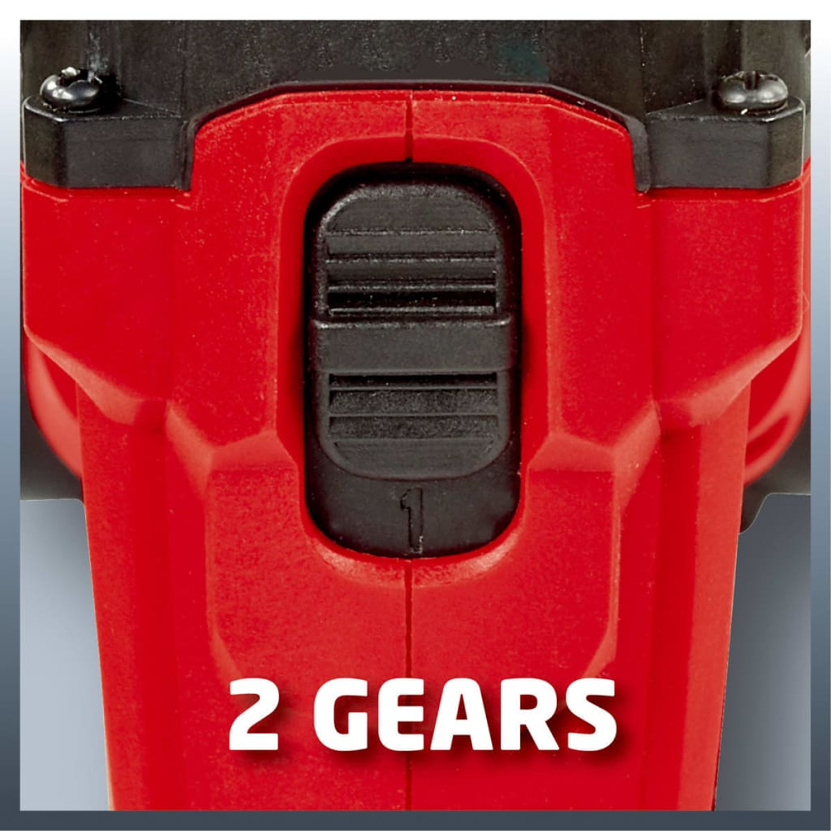 Primer plano de una herramienta roja con un interruptor de marchas negro y el texto 2 GEARS.