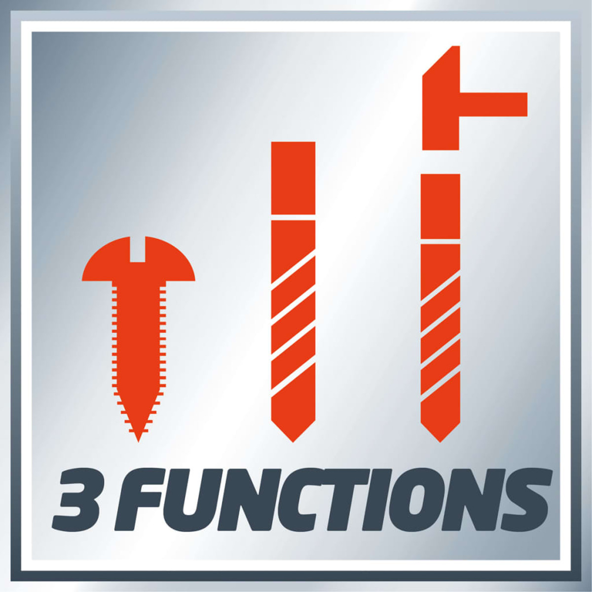 Una imagen con el texto 3 FUNCTIONS muestra iconos de un tornillo y dos brocas.