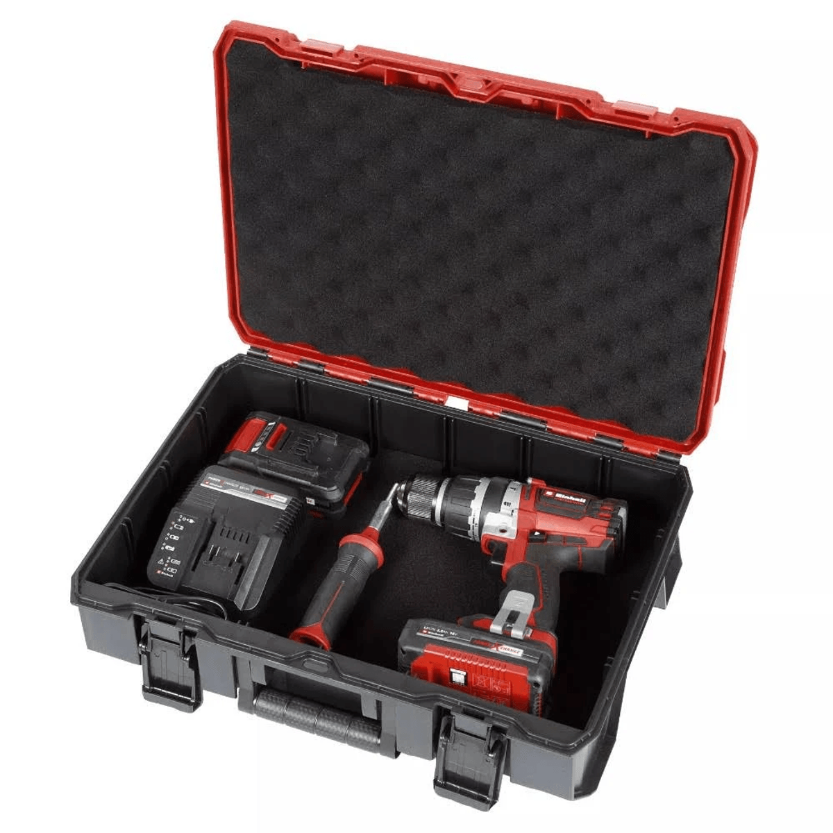 Una cassetta degli attrezzi rossa e nera con inserto in schiuma contiene un trapano a batteria e accessori.