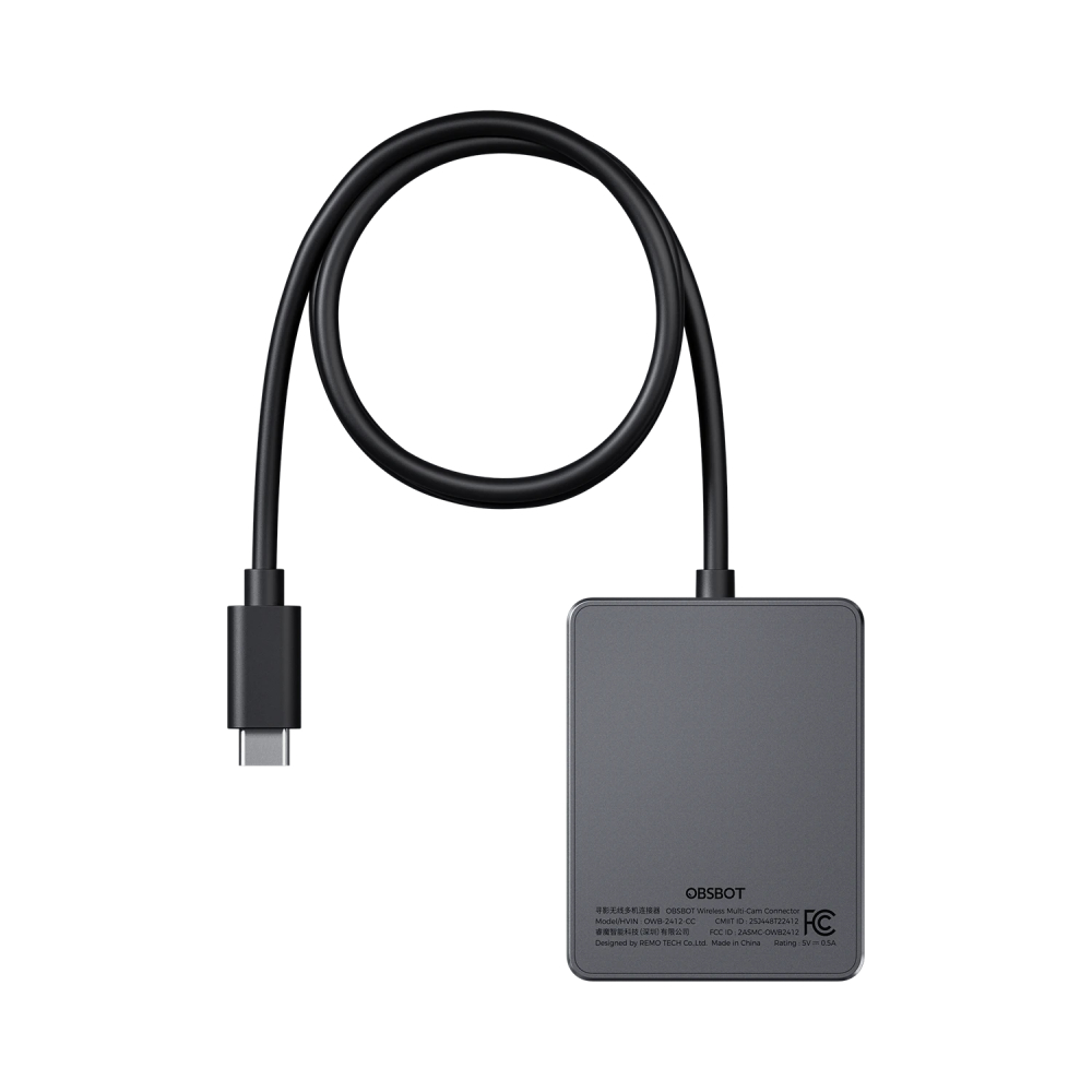 Connettore multi-cam wireless OBSBOT nero con cavo USB-C su sfondo bianco.