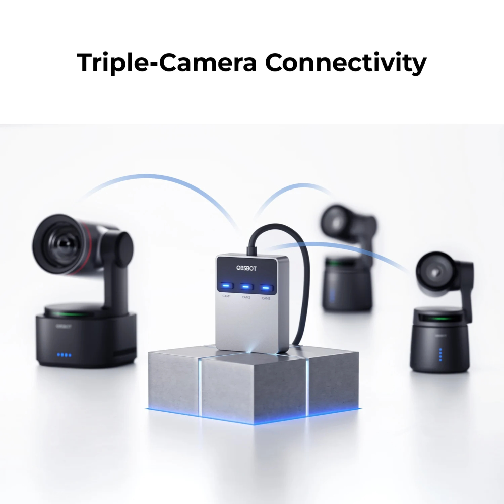 Tre telecamere PTZ collegate tramite un dispositivo OBSBOT centrale su un piedistallo argento.