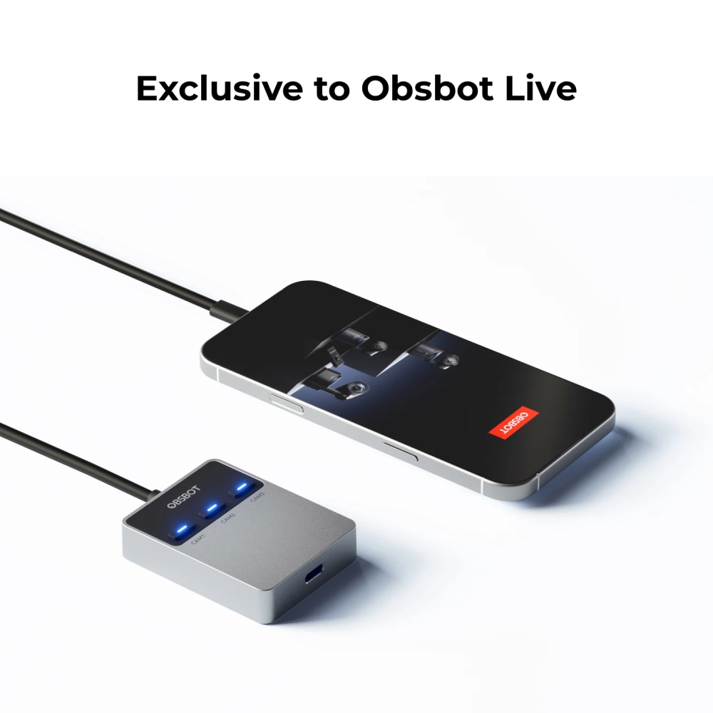 Uno smartphone e un piccolo dispositivo Obsbot con LED blu e cavi su sfondo bianco, con testo in alto.
