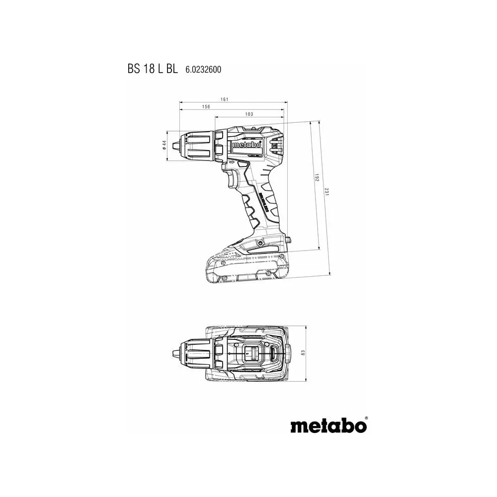 Disegno tecnico del trapano Metabo BS 18 L BL con quote.