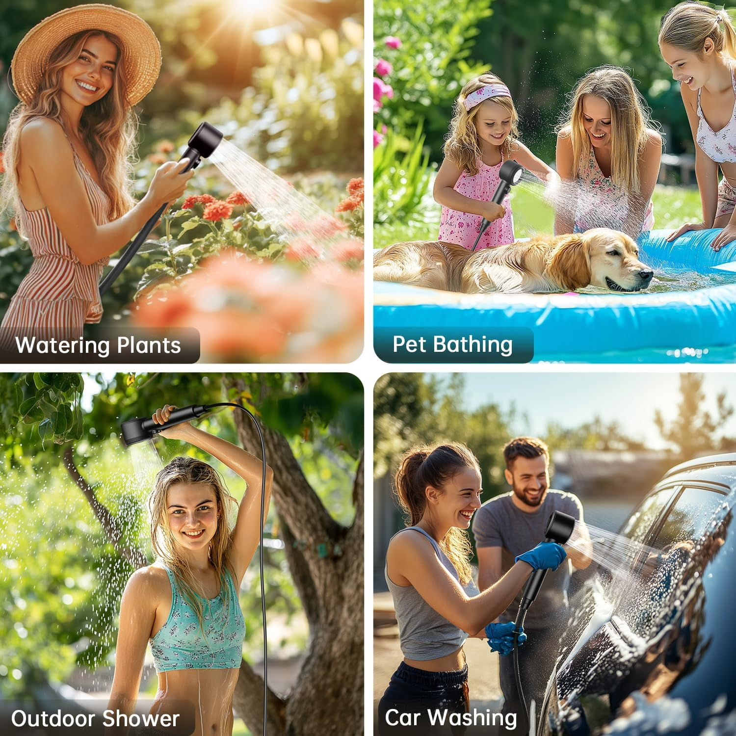 Vier Bilder zeigen Menschen, die einen Sprühkopf für Pflanzen, Hunde, Duschen und Autos verwenden.