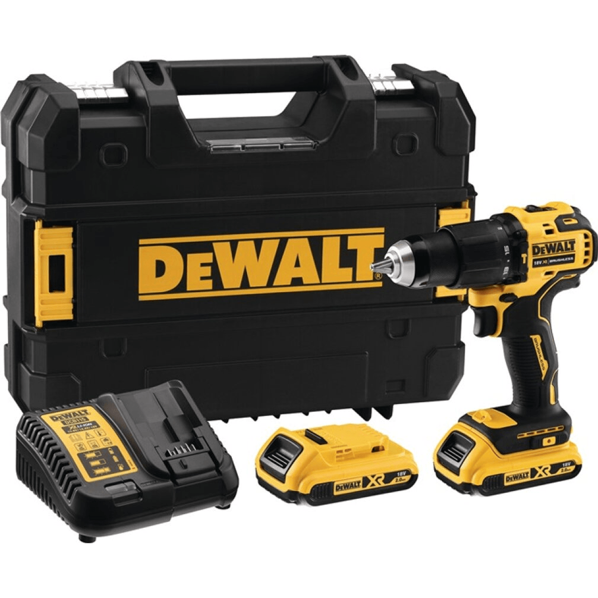Perceuse sans fil DeWalt avec mallette, chargeur et deux batteries sur fond blanc.