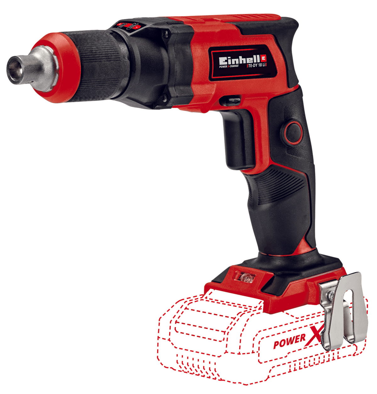 Avvitatore per cartongesso a batteria Einhell rosso e nero su sfondo bianco con batteria delineata.