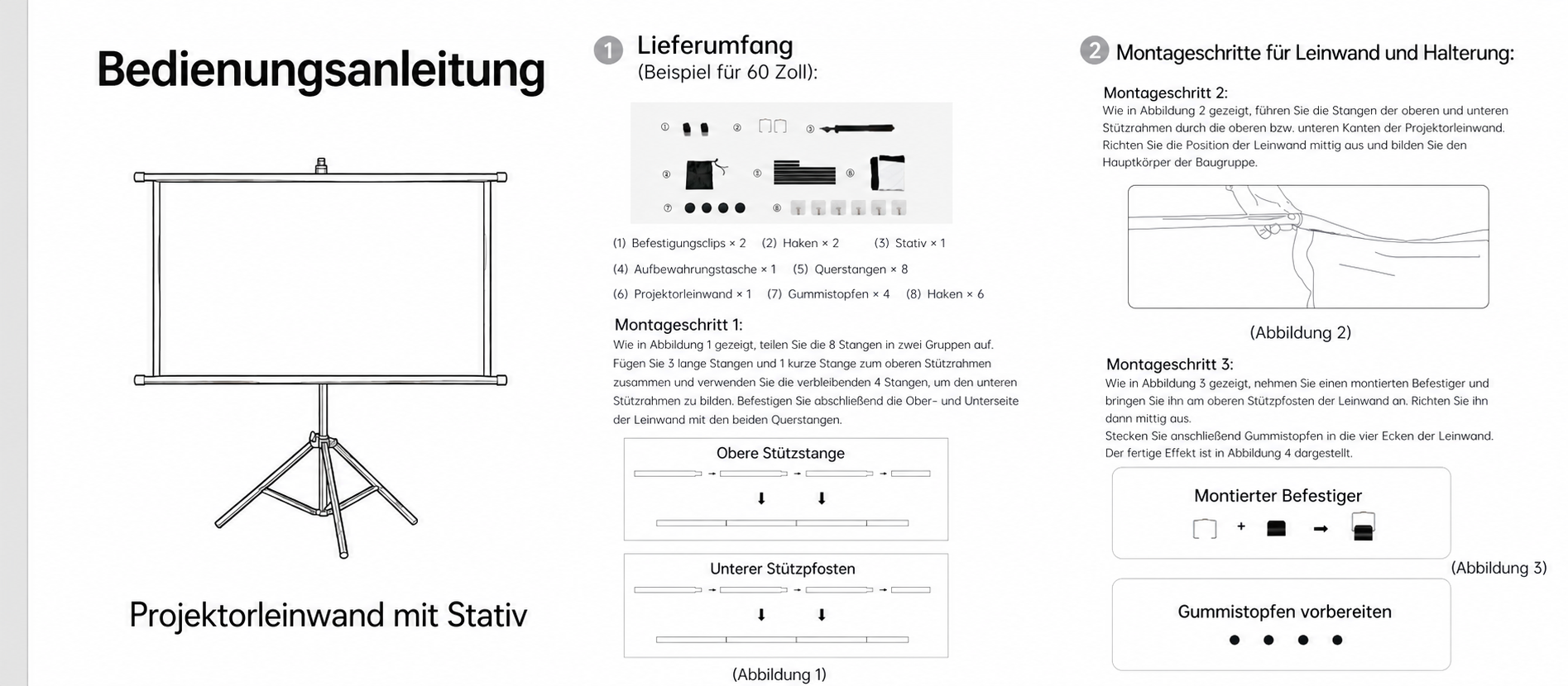 Bedienungsanleitung für eine Projektorleinwand mit Stativ inklusive Montageanleitung und Teileliste.
