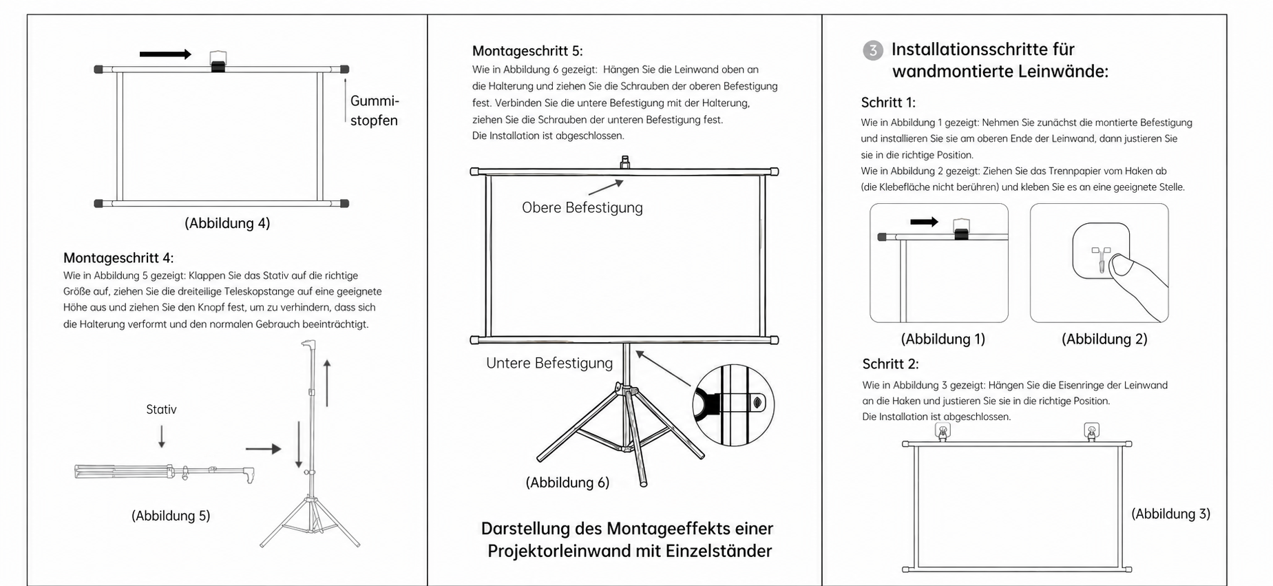 Montageanleitung für eine Projektorleinwand mit Stativ und Wandhalterung.