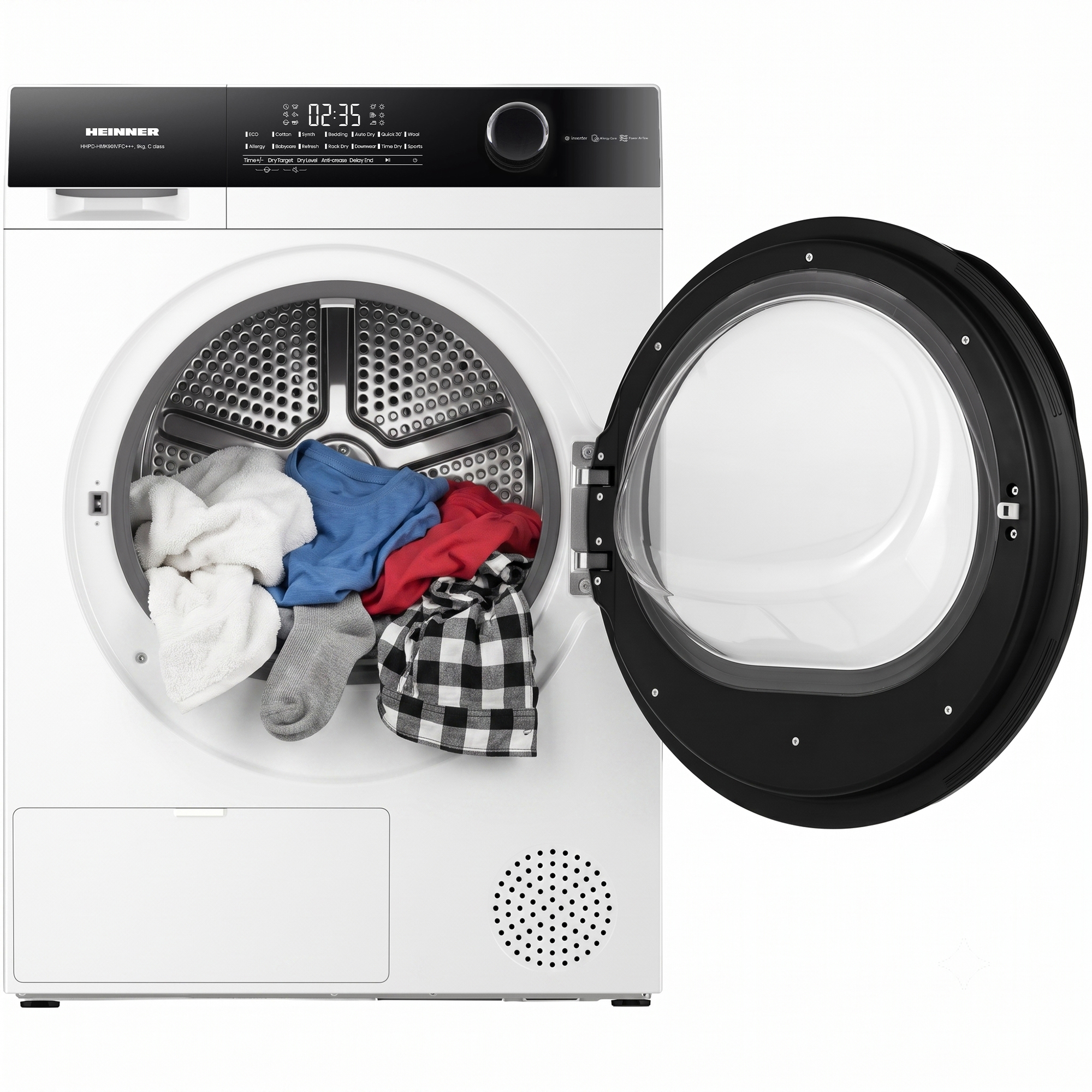 White dryer with open black door and colorful laundry inside the drum.