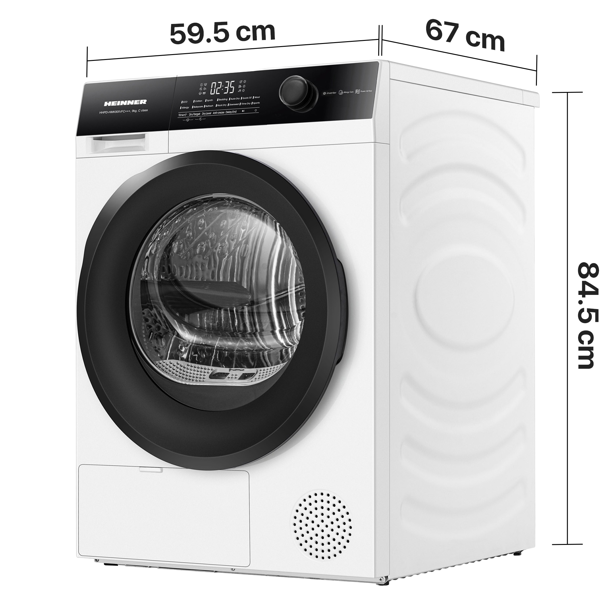 White Heinner tumble dryer with black control panel and dimensions in centimeters.