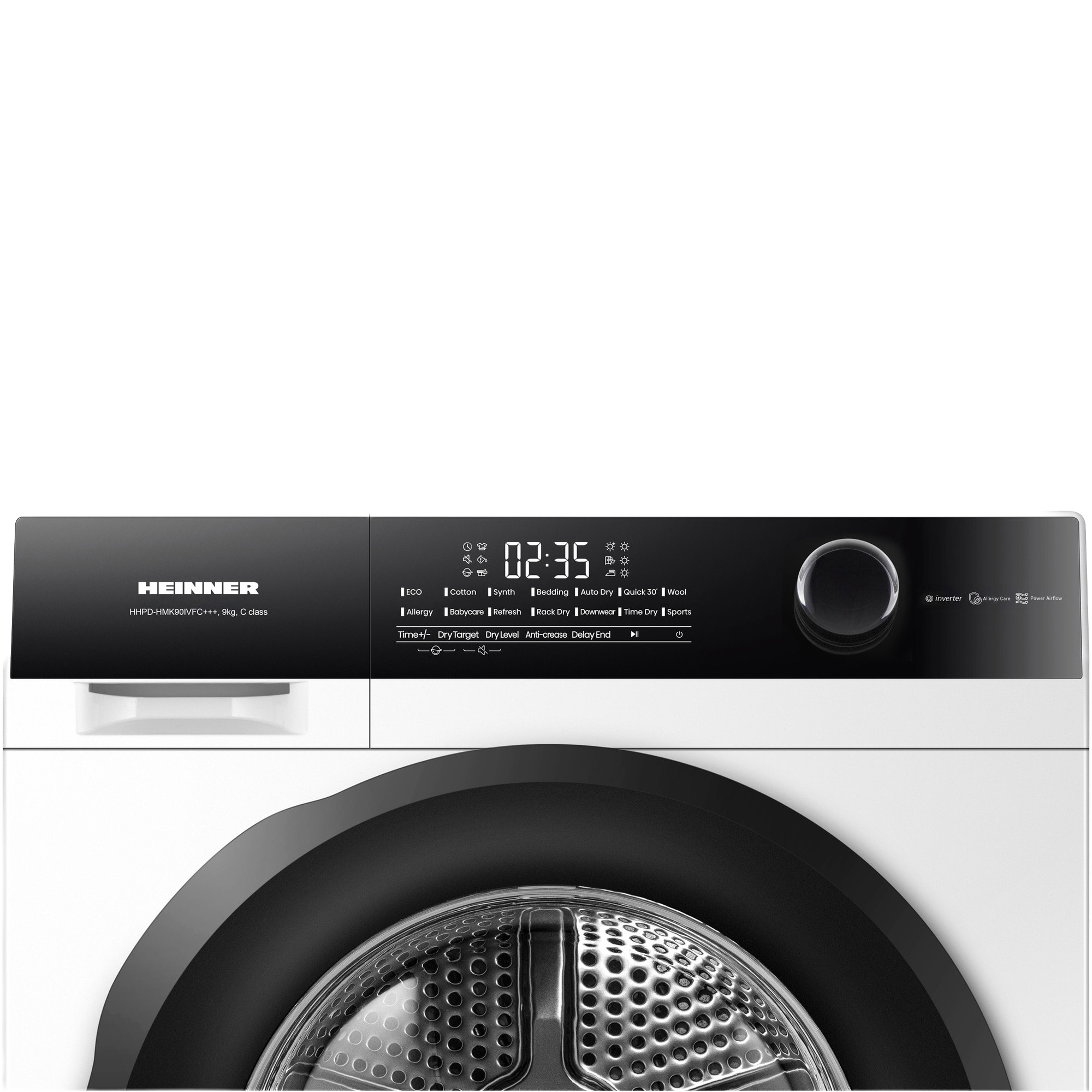 Control panel and door of a white Heinner dryer with a black display.