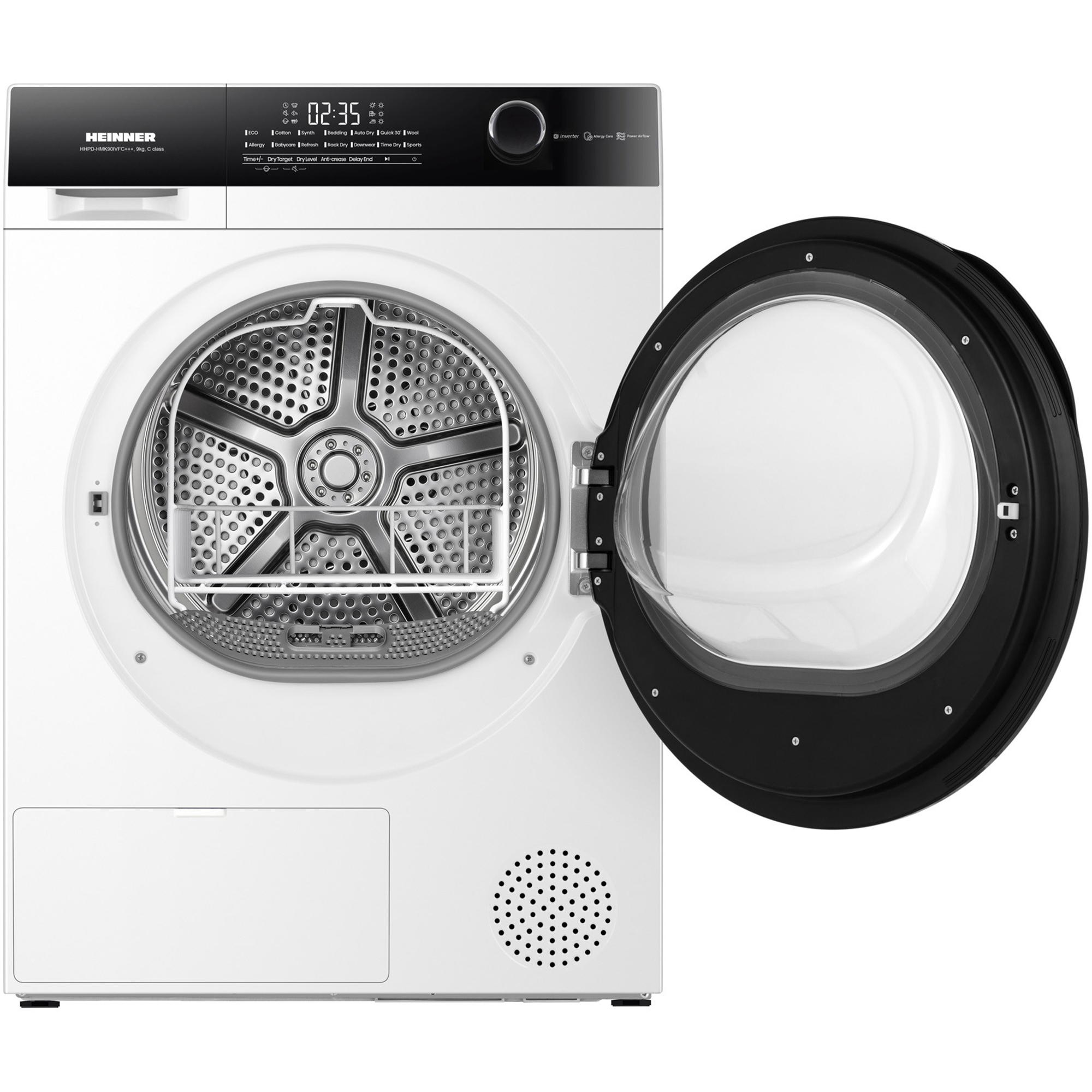 White Heinner tumble dryer with an open drum and a black control panel.