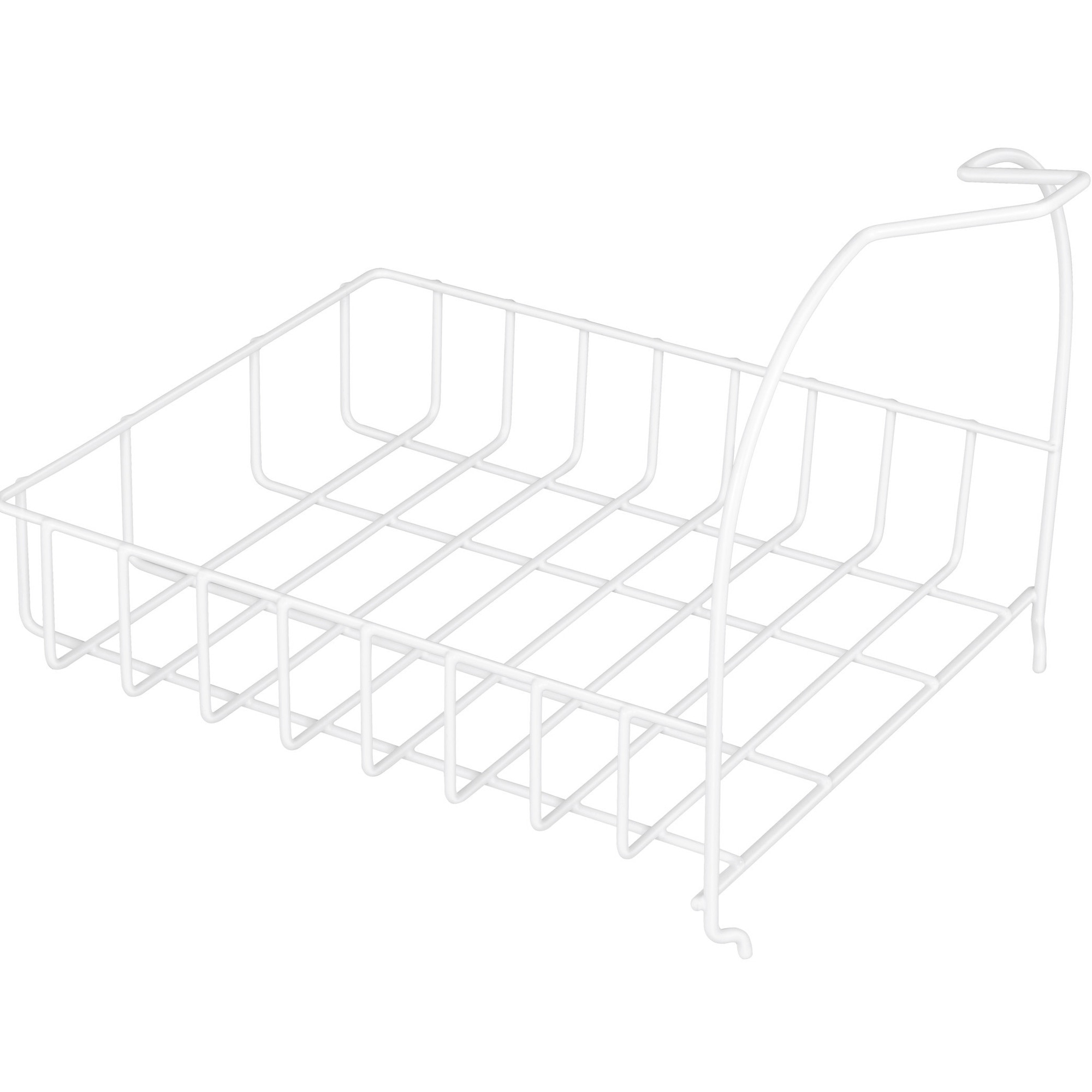 A white rectangular wire basket with a raised handle on one side, presented on a white background.