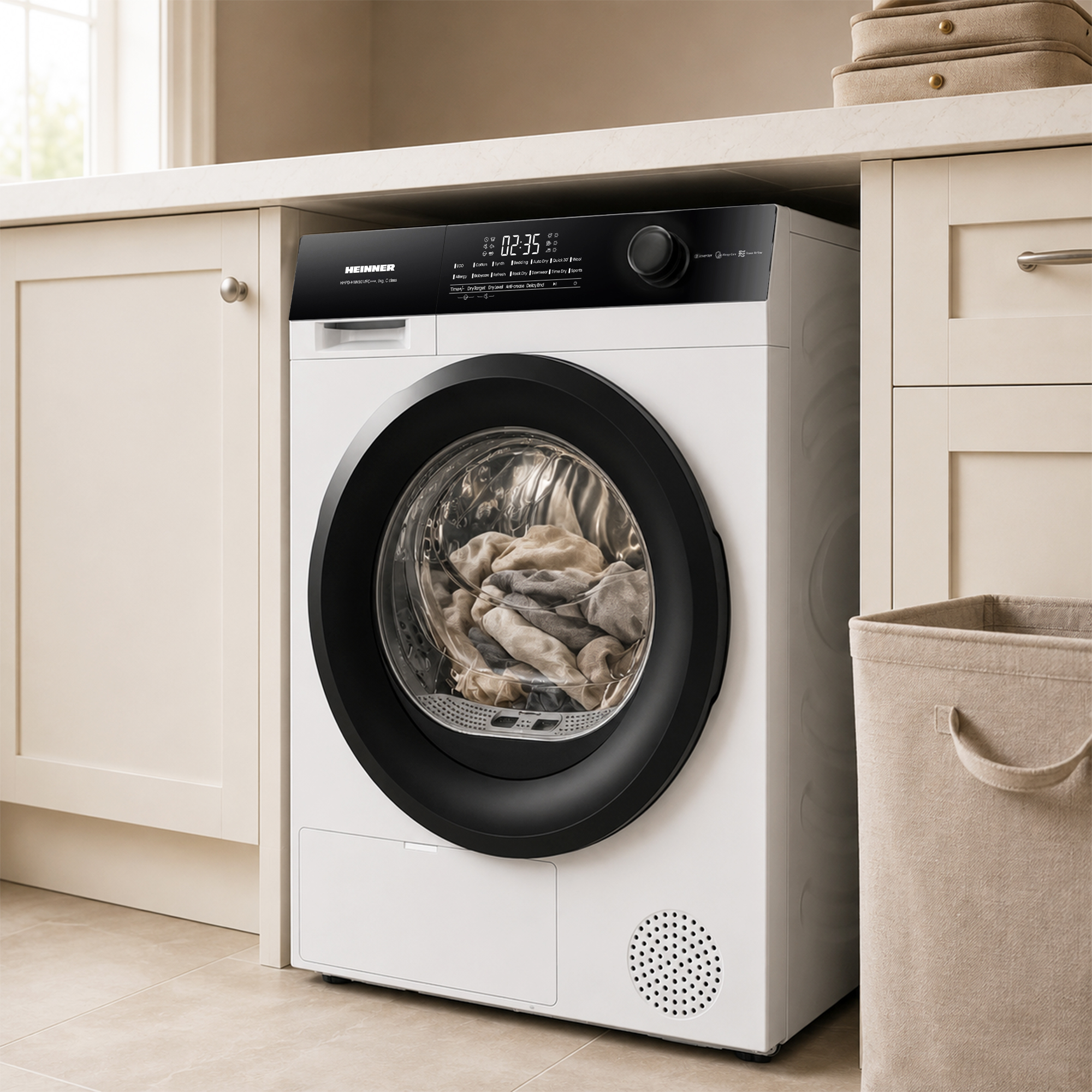 A white tumble dryer with a black control panel and door is installed under a kitchen counter next to a laundry basket.