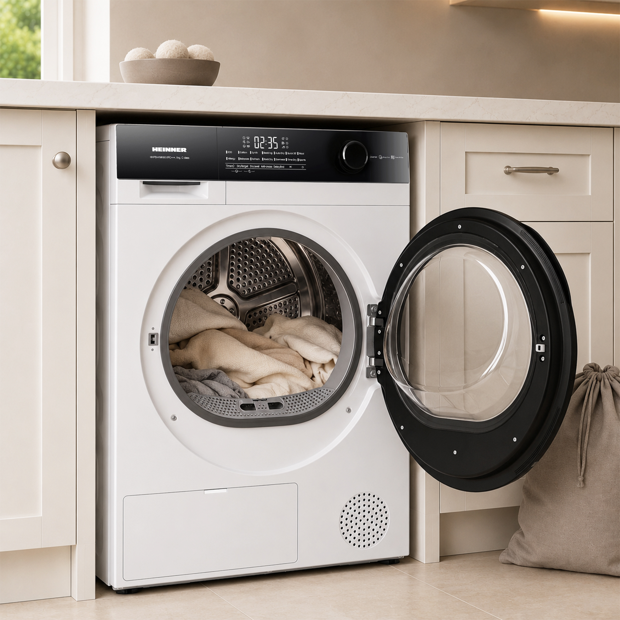 Un sèche-linge blanc Heinner à porte ouverte est installé sous un plan de travail, contenant du linge.