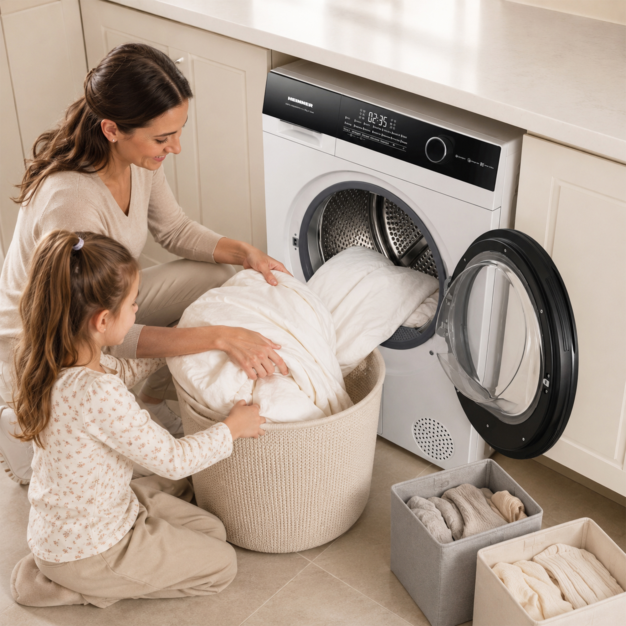 A mother and daughter load white laundry into a modern washing machine in a bright, clean kitchen.