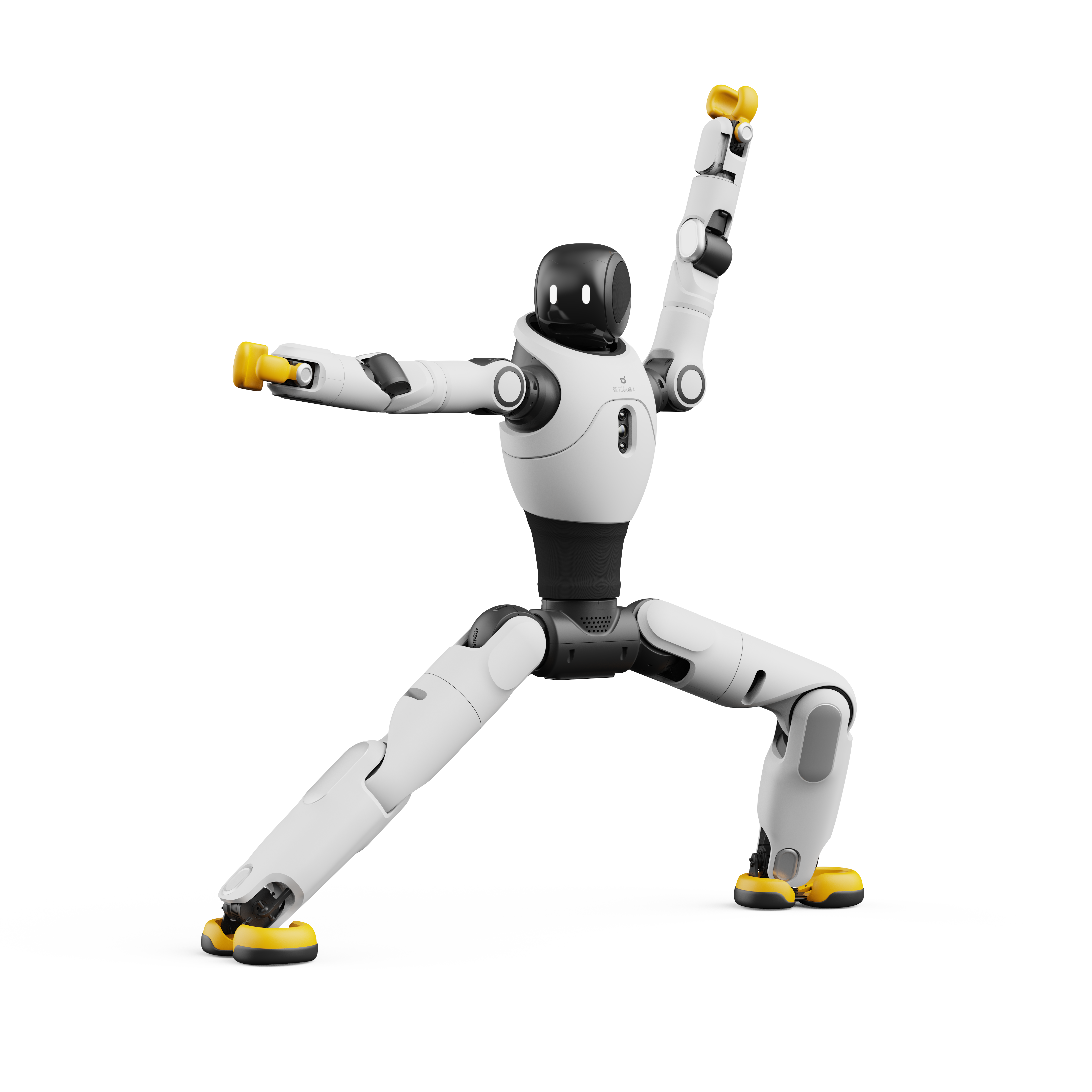 Ein weiß-schwarzer humanoider Roboter posiert auf weißem Hintergrund in einer sportlichen Haltung.