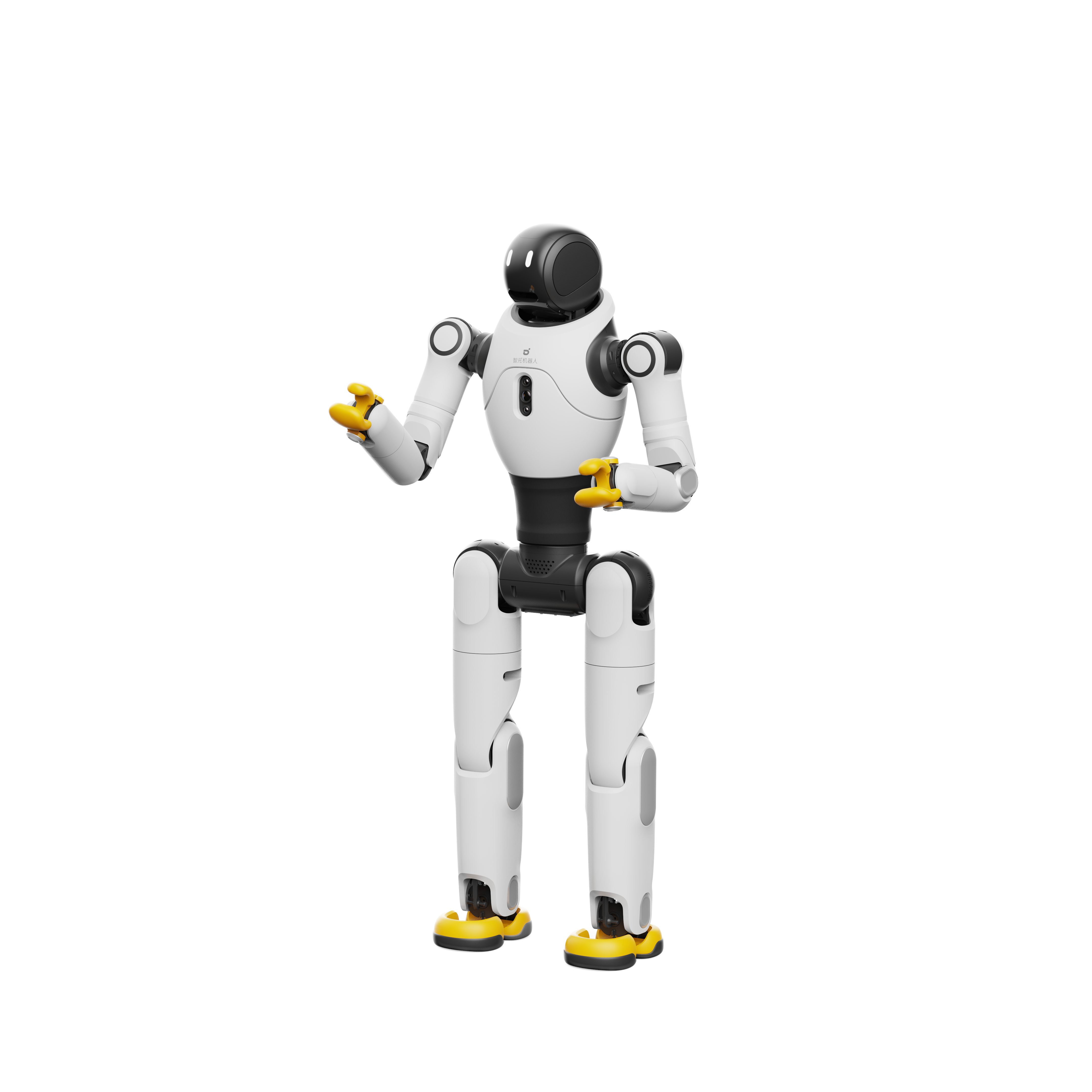 Ein weiß-schwarzer humanoider Roboter mit gelben Händen und Füßen steht auf weißem Hintergrund.