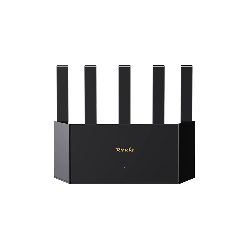 Czarny router Tenda z pięcioma antenami na gładkim czarnym tle.