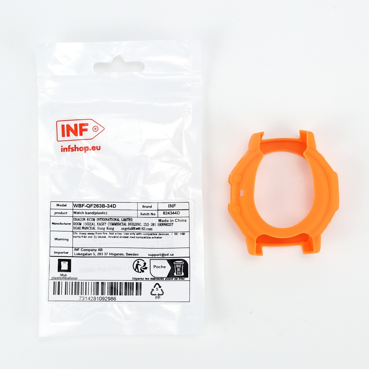 Ein orangefarbenes Smartwatch-Gehäuse aus Kunststoff neben seiner transparenten Verpackung.