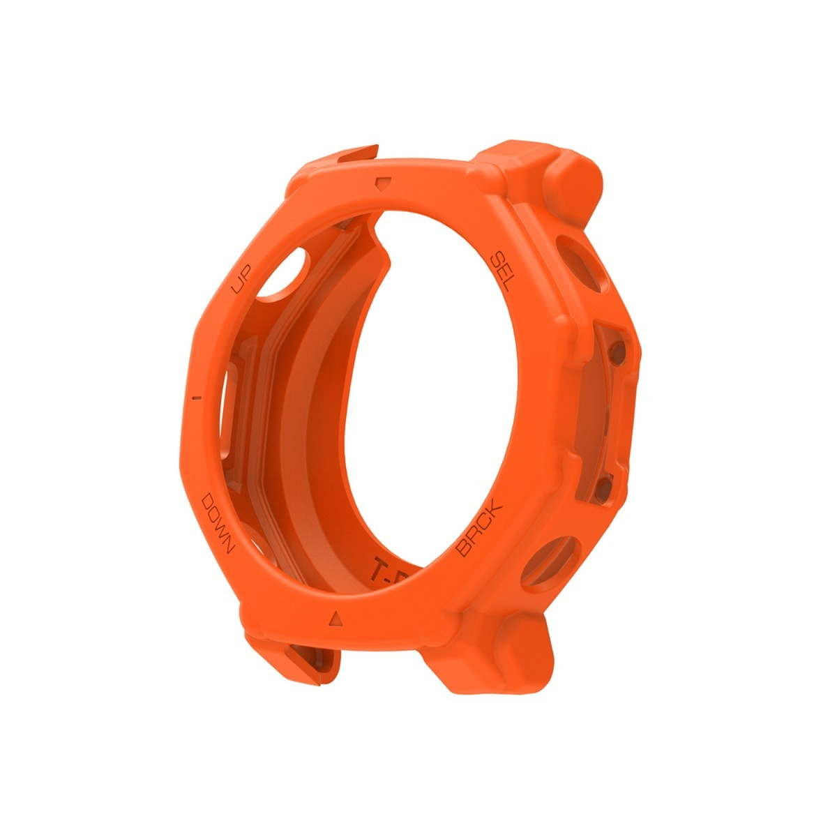 Heller orangefarbener Smartwatch-Schutzhülle mit Tastenbeschriftungen vor weißem Hintergrund.